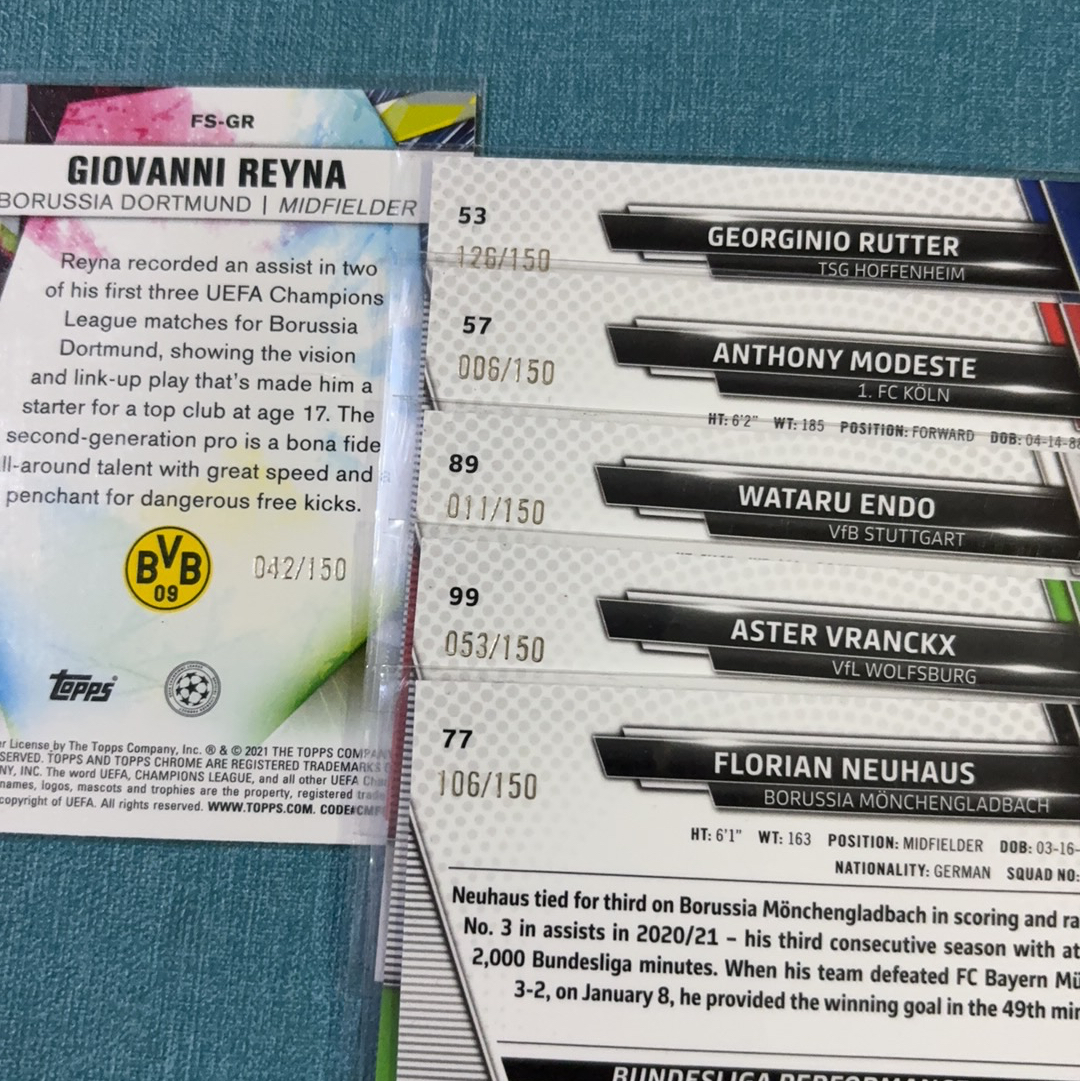2021-22 Topps Chrome 德甲 莫德斯特 吕特 远藤航 诺伊豪斯 弗兰克斯 雷纳 新秀 RC 150编 折射 打包 lot 卡品不保 CJX