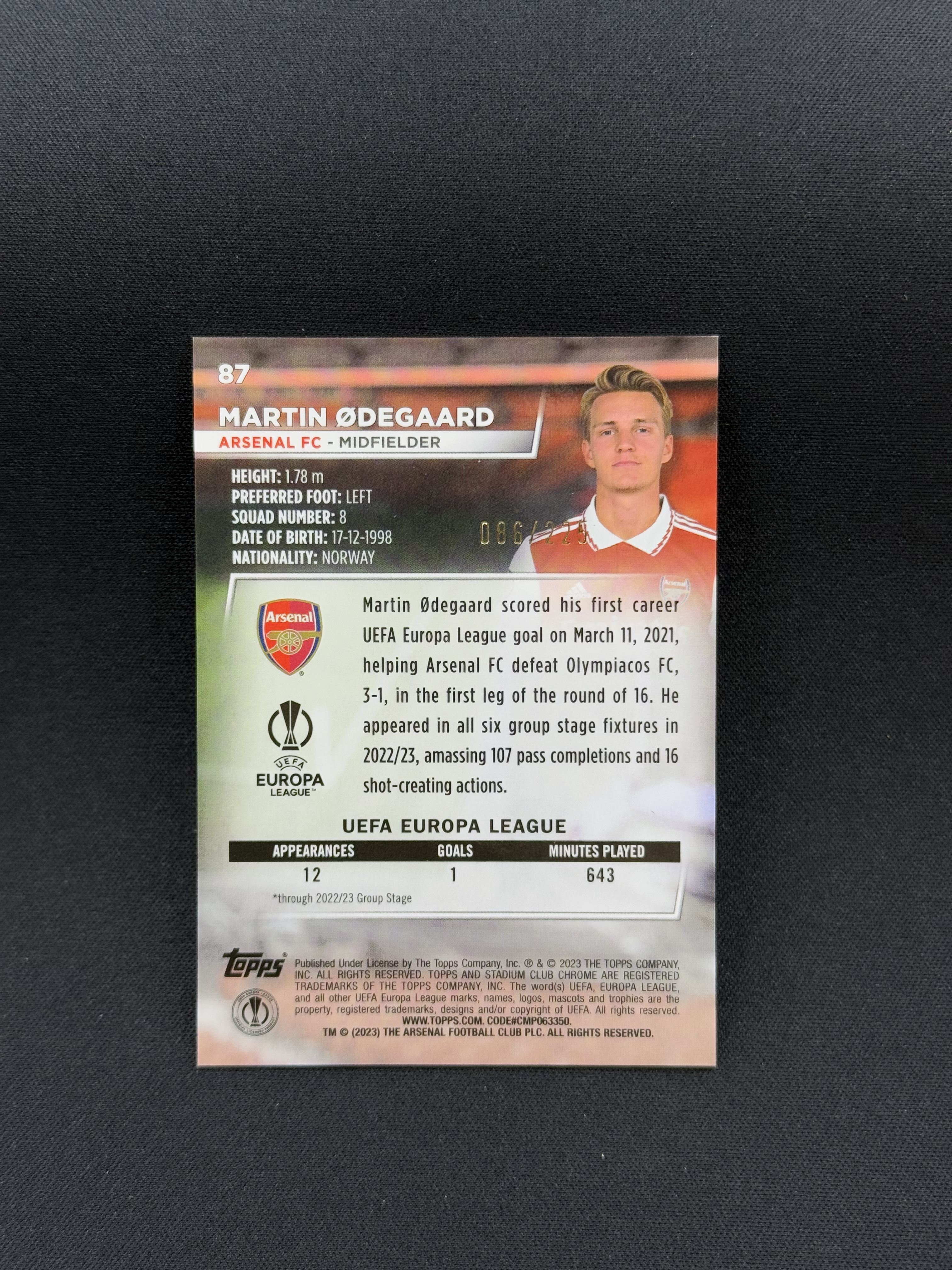 2022-23 Topps Stadium Club Martin Odegaard 【小贝代拍】欧战 竞技场 阿森纳 挪威 马丁 厄德高 绿闪电折 225编 卡品如图 拍前看描述 H HimL