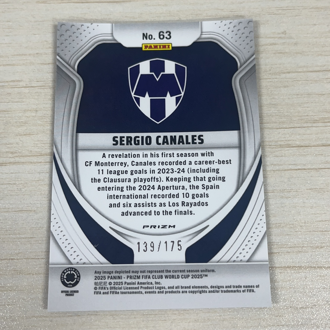【小牛代拍】2025 Panini Prizm FIFA Club World Cup Sergio Canales 卡纳莱斯 蒙特雷 175编 蓝碎冰折 折射 元年 世俱杯 PZ 轻印如图(一哥)