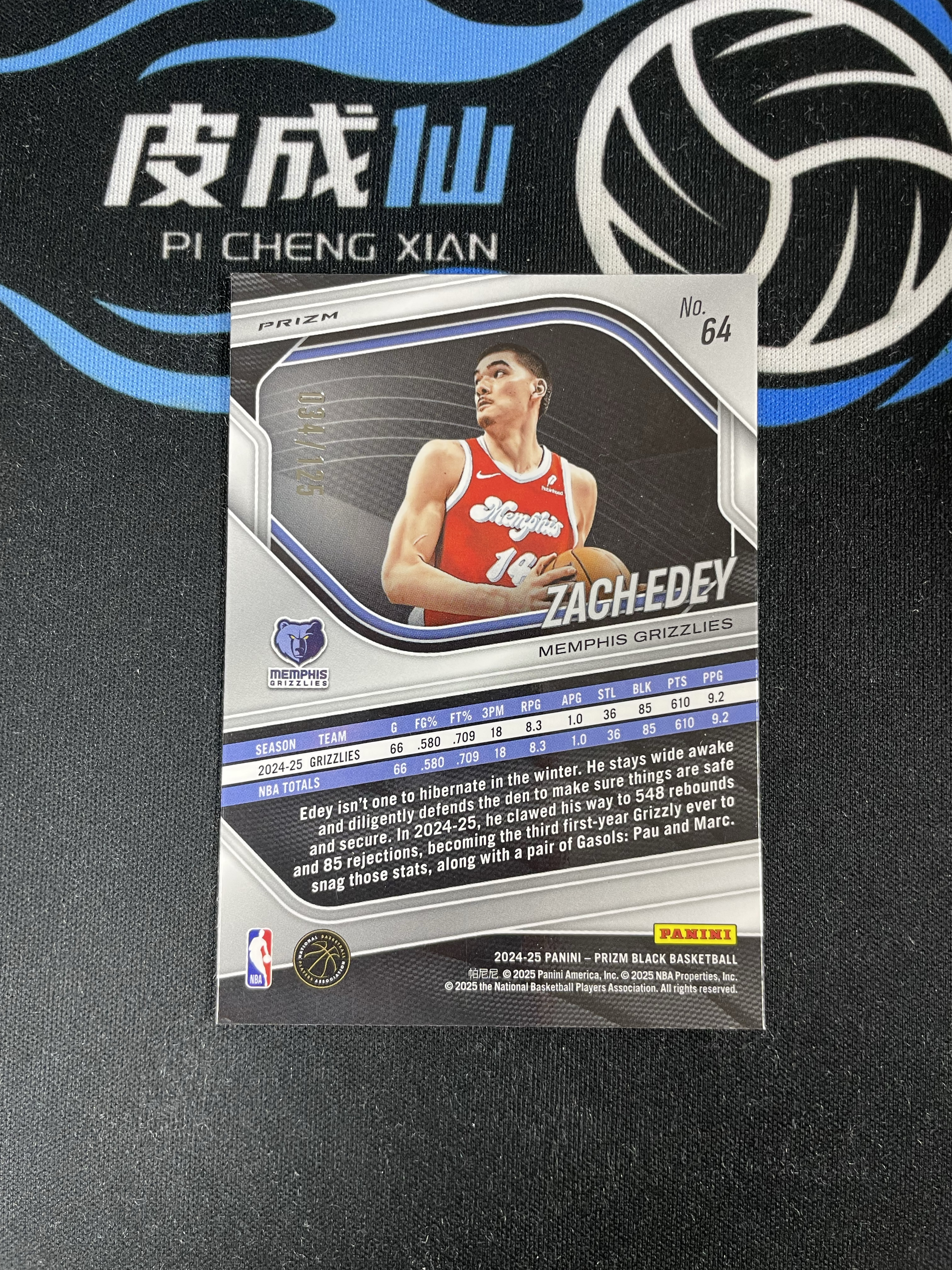 【皮成仙拍卖 统一手续费6%】 PANINI 24-25 PRIZM BLACK 灰熊 ZACH EDEY 扎克埃迪 周志豪 新秀 RC 蓝碎冰折射 125编【只发顺丰】kirbybest192