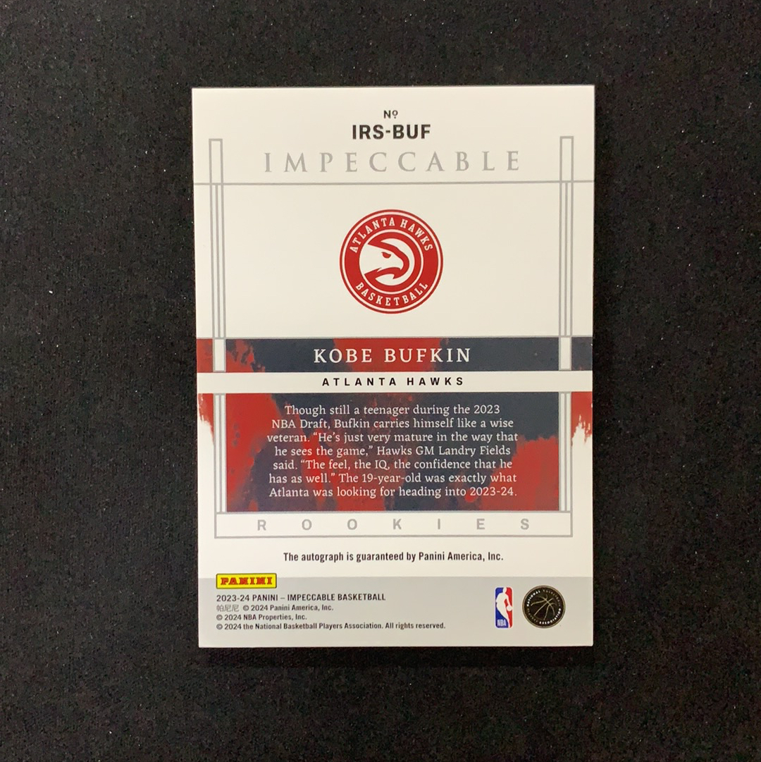 2023-24 Panini Impeccable Kobe Bufkin RC 【SC拍卖】小真金 新秀 老鹰 巴夫金 37/99编 卡签 签字 收藏必备(小熊)