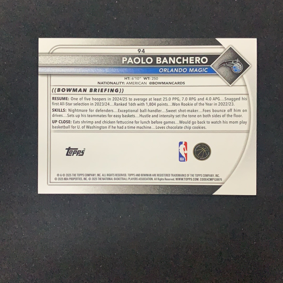 2025-26 Topps Bowman Paolo Banchero 【SC拍卖】鲍曼 魔术 班切罗 172/175编 粉边框 收藏必备(小骆)