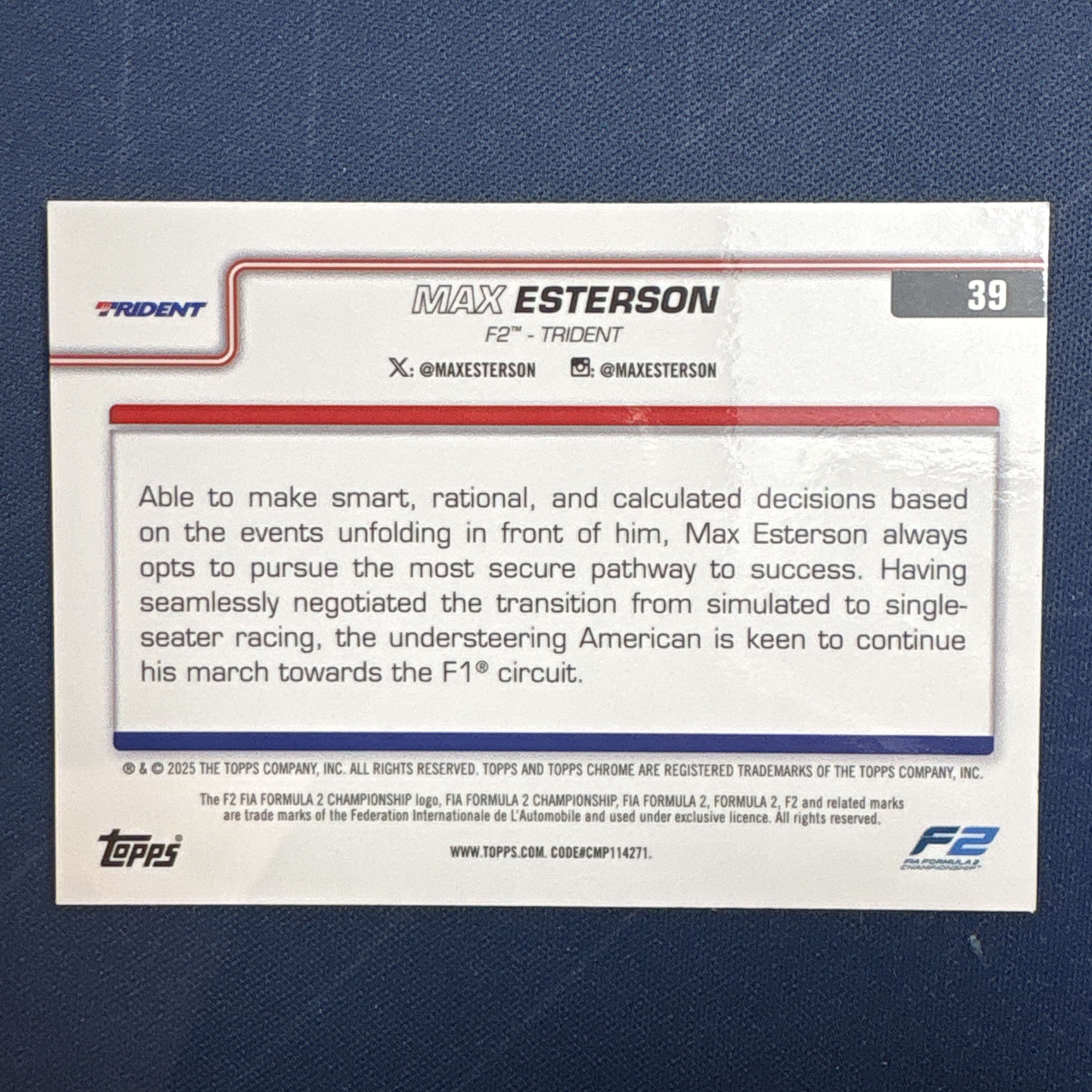 2025 Topps Chrome Max Esterson 【爆爆代卖】F1 75周年 马克斯 埃斯特森 47/150编 蓝折 波纹折 F2 Trident车队 正定妆照 专收必备 卡品如图 #冷哥