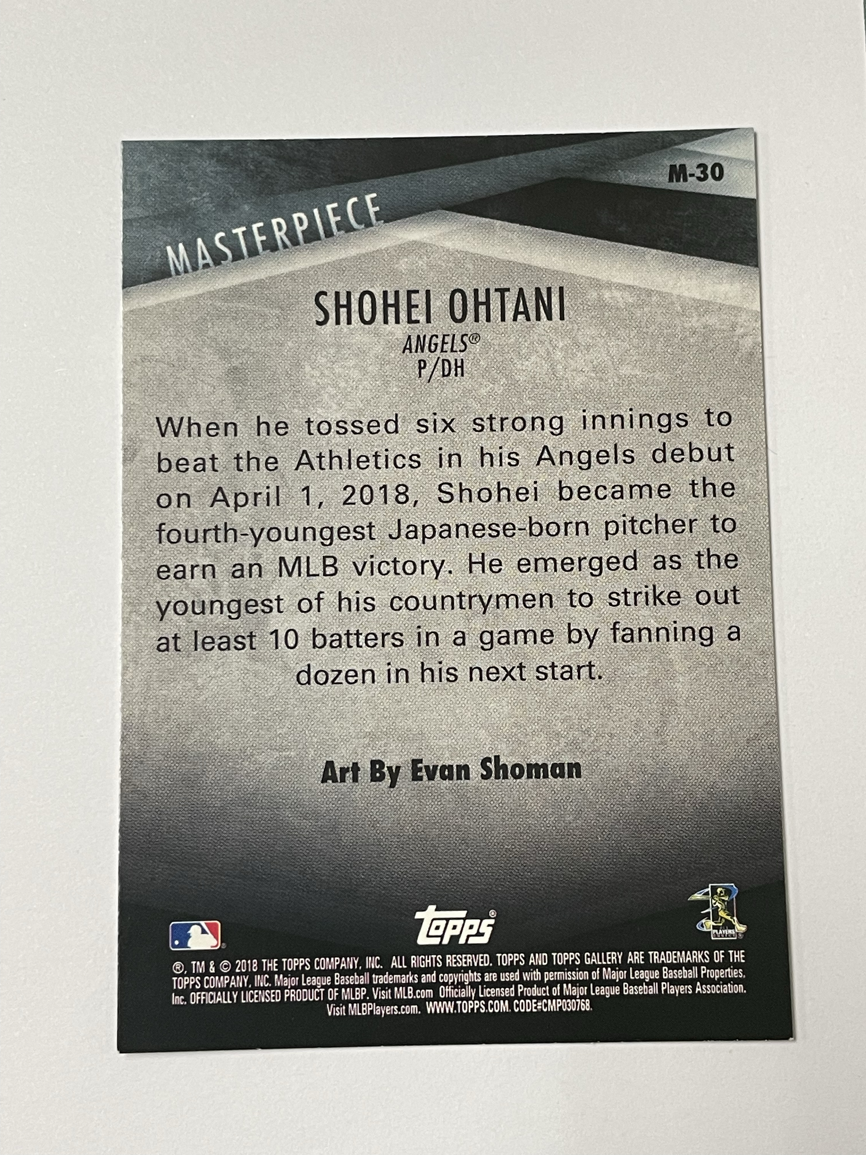 2018 Topps Gallery Shohei Ohtani RC 洛杉矶天使 大谷翔平 新秀 肖像 杰作特卡