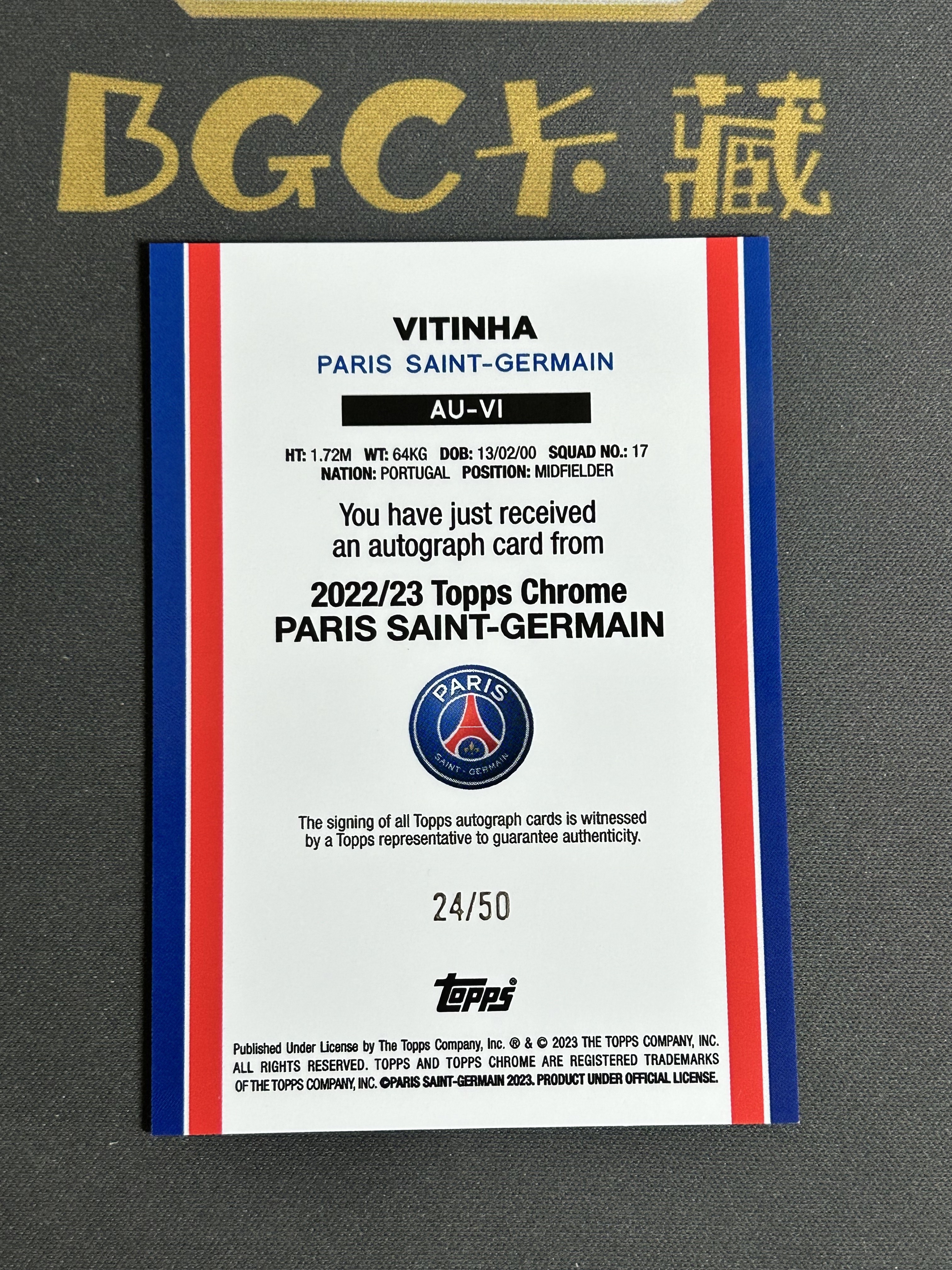 『BGC卡藏』2022-23 Topps Chrome Paris Saint Germain 巴黎圣日耳曼 高端队盒 Vitinha 维蒂尼亚 红蓝折 签字 卡签 24/50 卡品如图 ZY