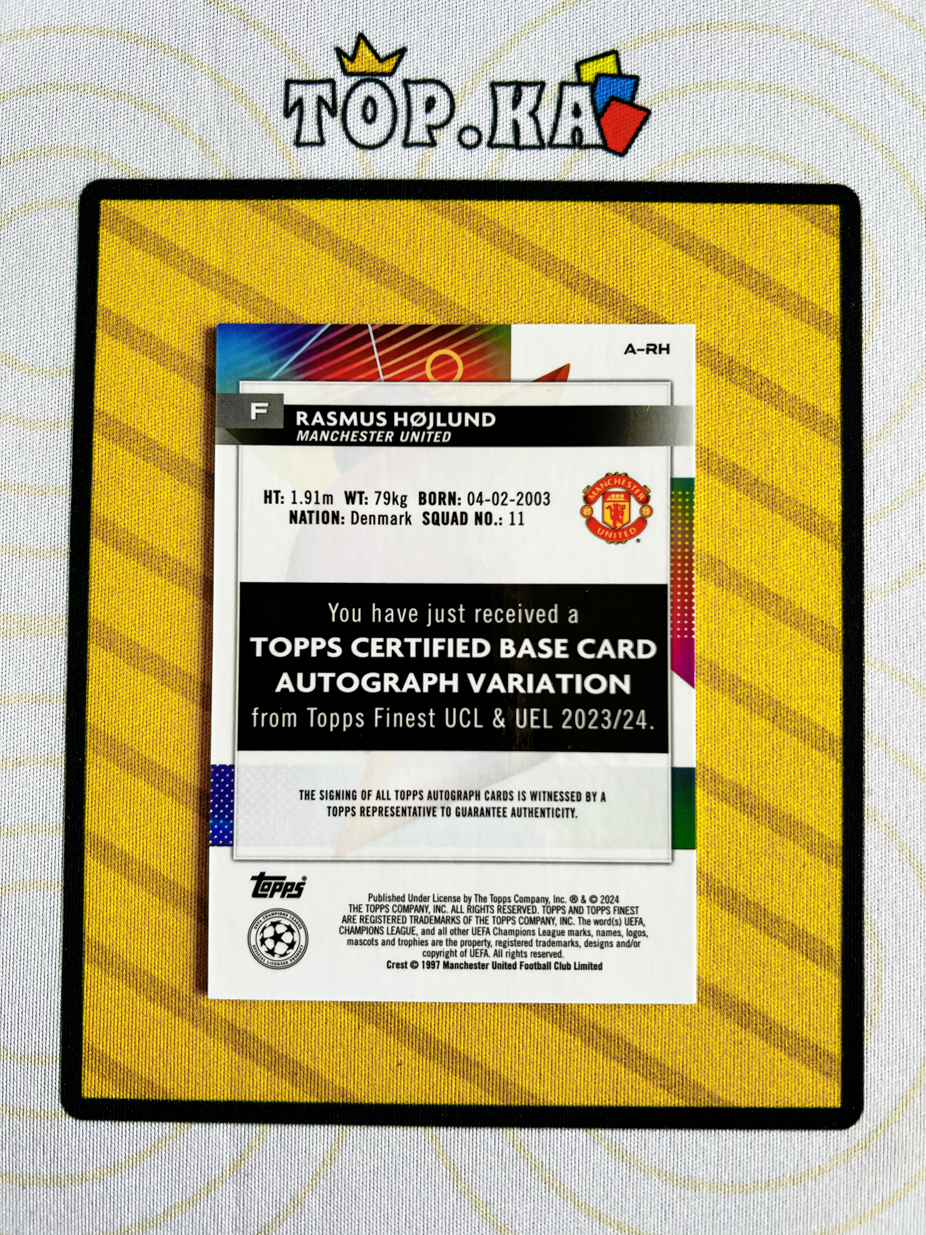 【顶尖卡社】 2024 Topps Finest Rasmus Hojlund finest系列 欧冠 英超 曼彻斯特联 曼联 霍伊伦德 076/150编 蓝折 签字 详情看描述 卡品如图【句号】