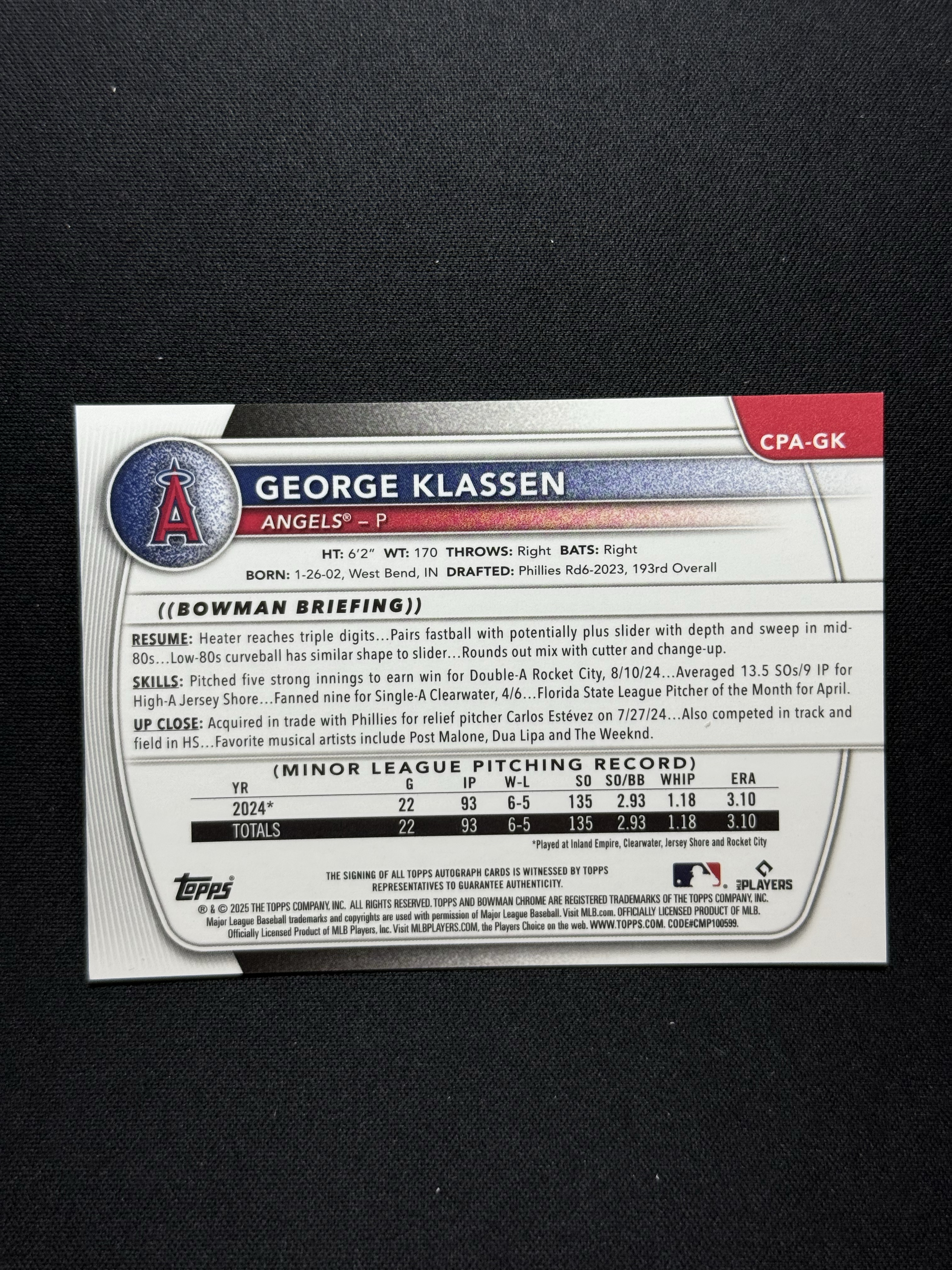 2025 Topps Bowman Chrome George Klassen RC 【小贝代拍】棒球 1ST 新秀 洛杉矶天使 乔治 克拉森 签字 卡签 瑕疵如图 拍前看描述 H EW