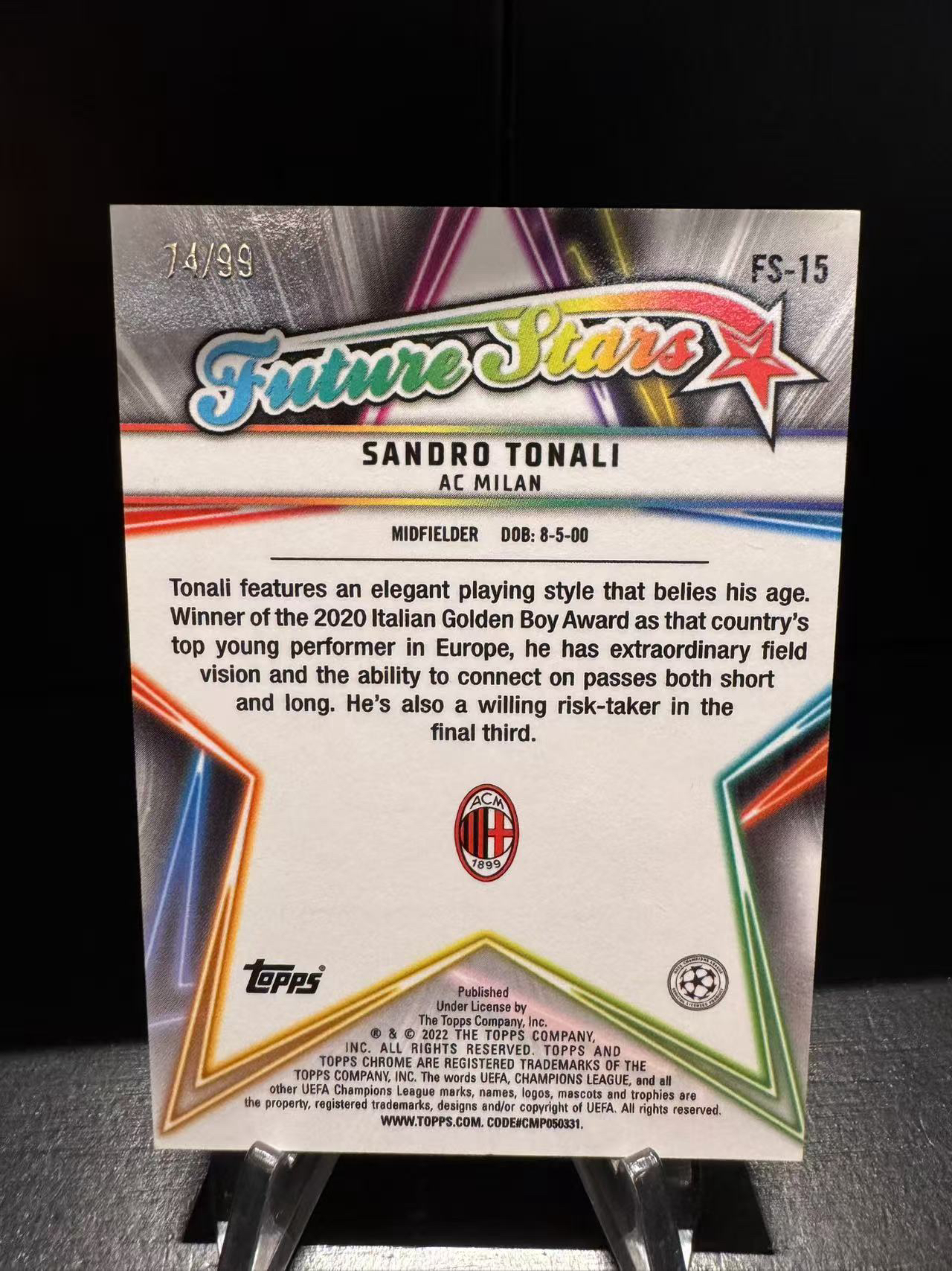 龖 2022 Topps Chrome Sandro Tonali 欧冠 TC 蓝宝石 意大利 AC米兰 纽卡斯尔 托纳利 赌神 74/99编 黄碎冰 黄宝石 未来之星 特卡 卡品如图 MJ002l