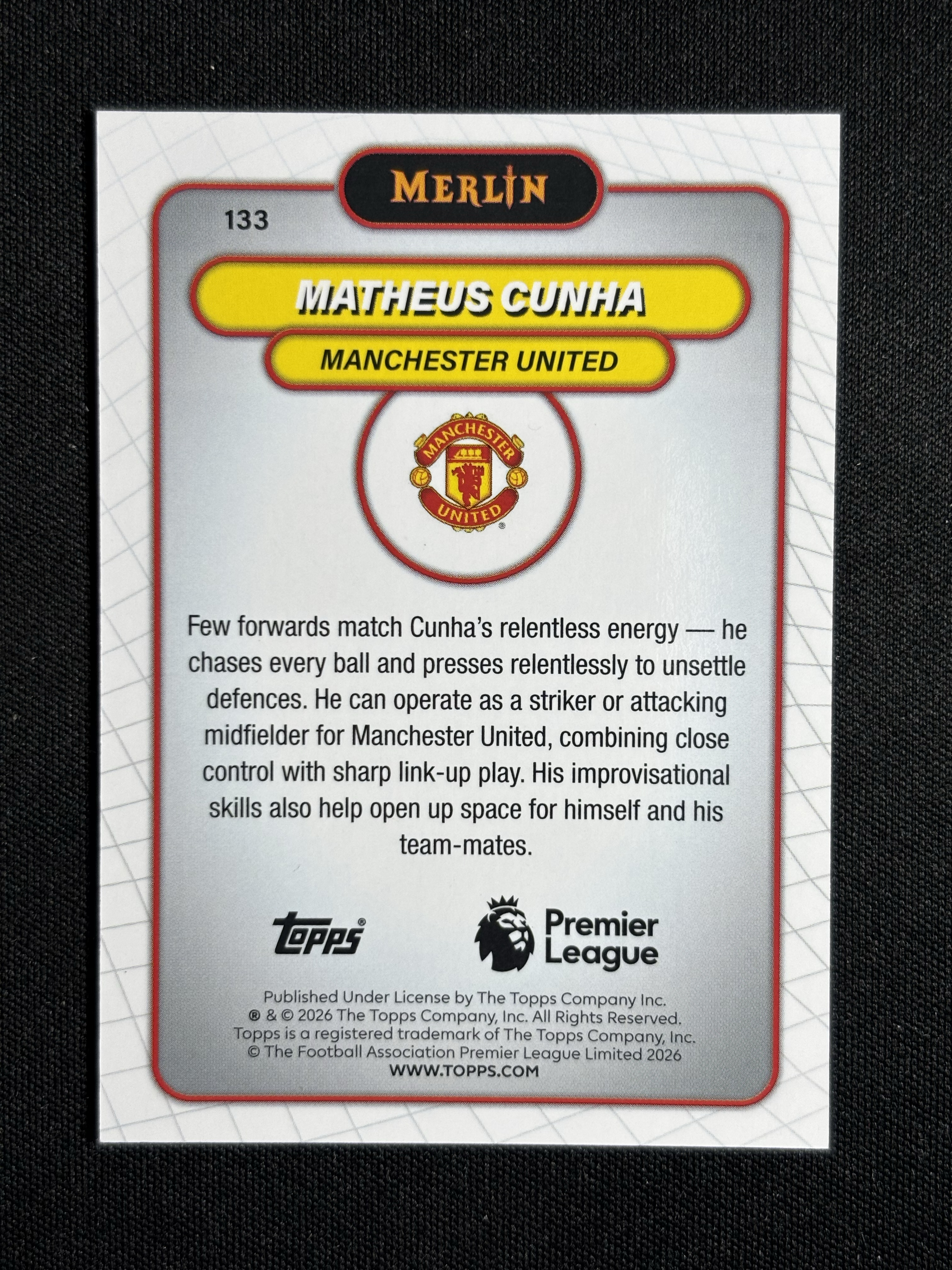 2025-26 Topps Merlin Chrome Matheus Cunha 「墨色拍卖」英超梅林 曼联 库尼亚 5/5 Red 红折 加法同背 ColorMatch 卡品如图 BCH9