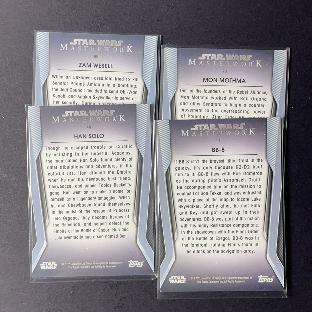 2025 Topps Star Wars 星球大战 汉索罗 BB-8 蒙莫斯玛 扎姆韦瑟尔 base蓝平行4张打包序号如图 2020 Topps 星战影视Masterwork大师盒系列