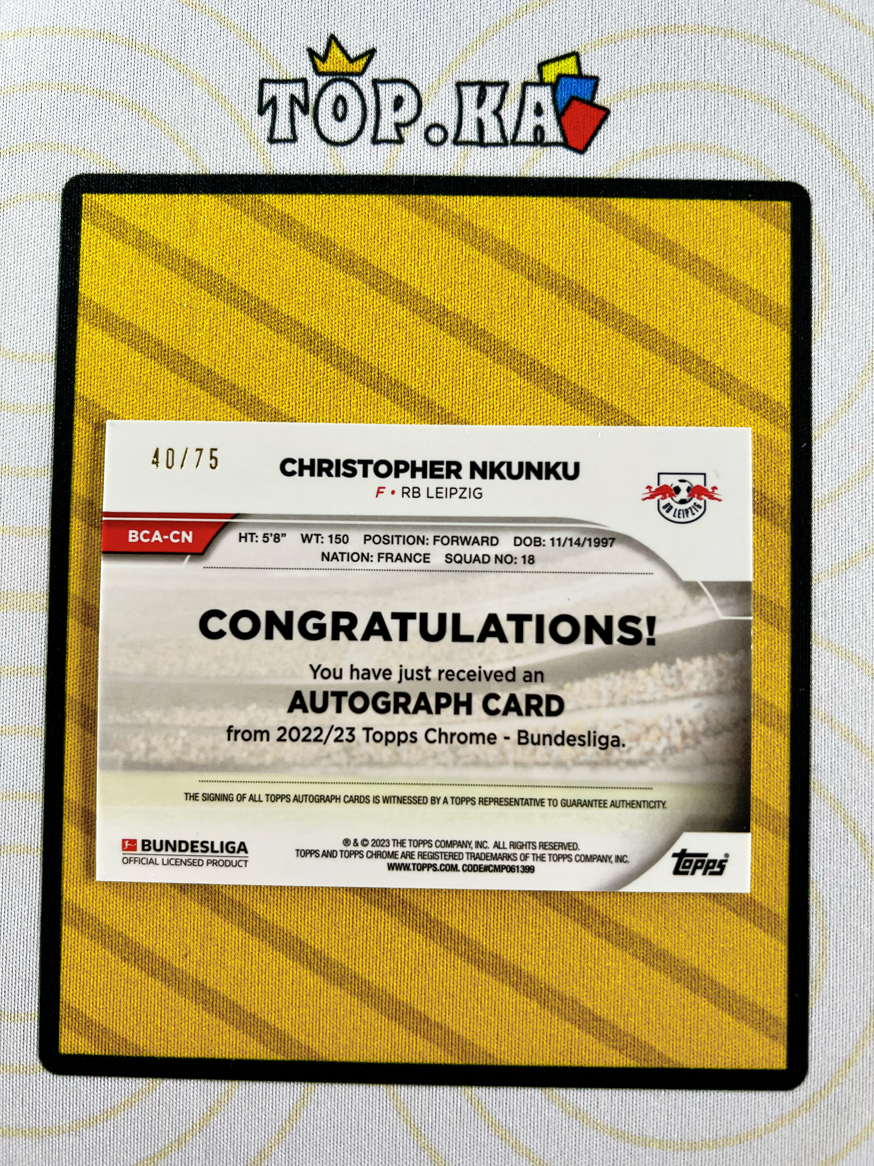 【顶尖卡社】 2023 Topps Chrome Christopher Nkunku 德甲 莱比锡红牛 恩昆库 40/75编 签字 折射 粉折 详情看描述 瑕疵如图【LIUN】