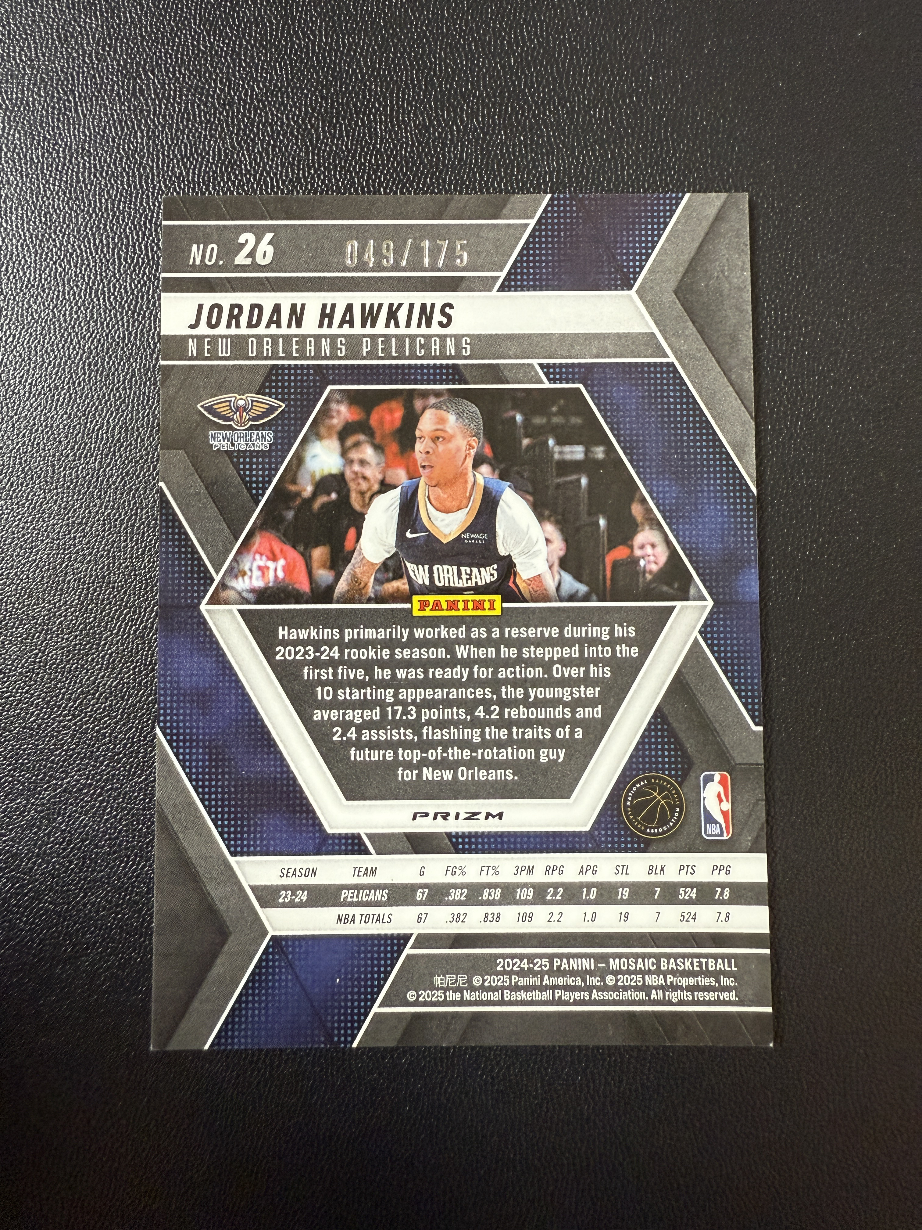 2024-25 Panini Mosaic Jordan Hawkins 马赛克 乔丹 霍金斯 鹈鹕队 粉泡泡折 base /175编
