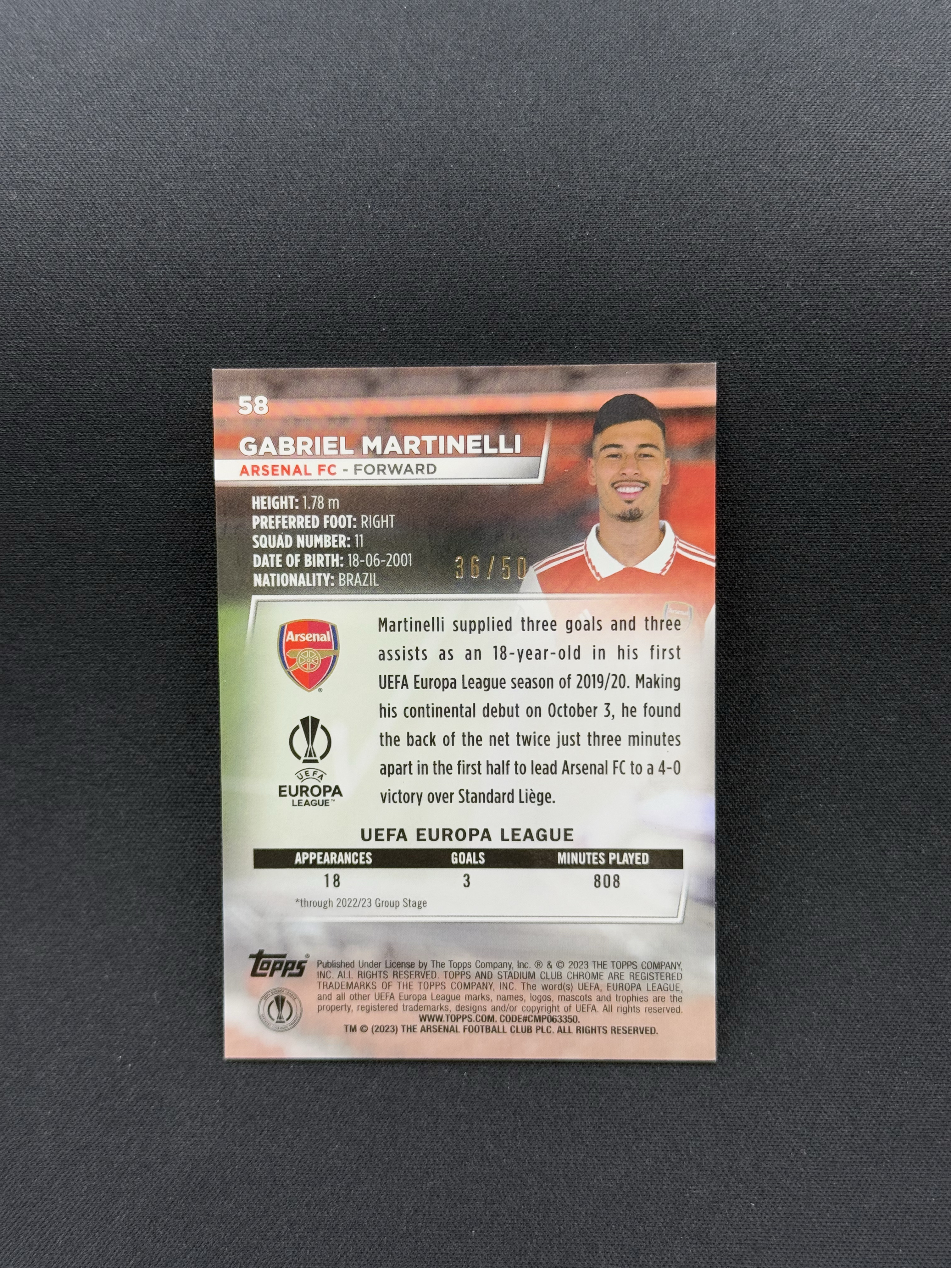 2022-23 Topps Stadium Club Gabriel Martinelli 【小贝代拍】欧战 竞技场 阿森纳 巴西 马丁内利 金脉冲折 36/50编 卡品如图 拍前看描述 H HimL