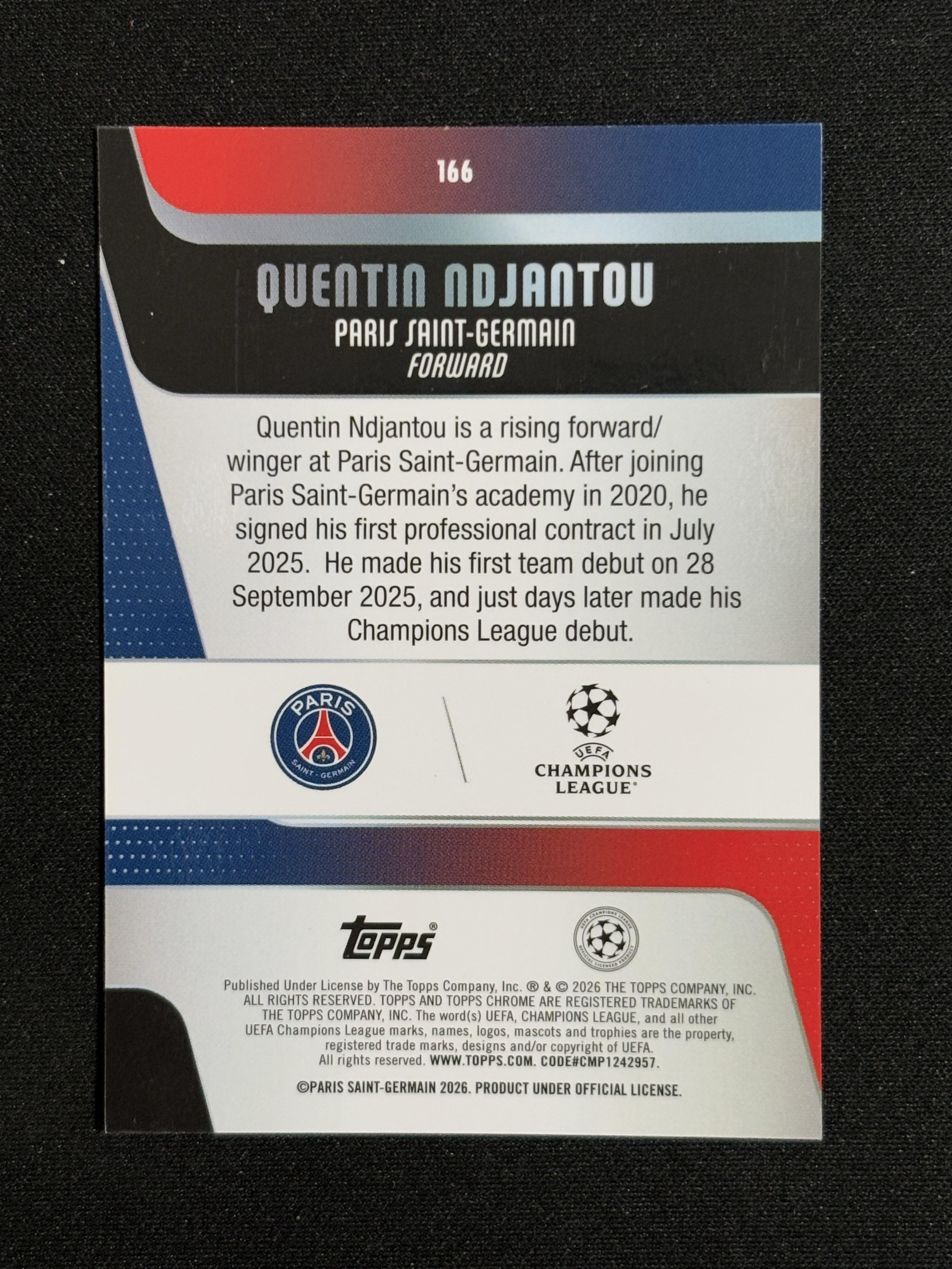 2025-26 Topps Chrome Quentin Ndjantou RC UEFA 欧冠 Sapphire 蓝宝石 巴黎圣日耳曼 昆廷·恩詹图 新秀 绿碎冰折 04/99编 瑕疵如图 -Yin