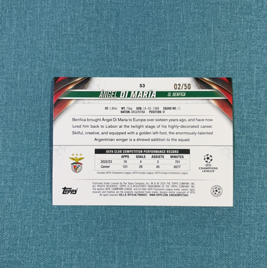 2023-24 Topps UCC 欧战 碧玉 Angel Di Maria 天使 迪马利亚 02/50编 金玉折 本菲卡 卡品如图 ZCC
