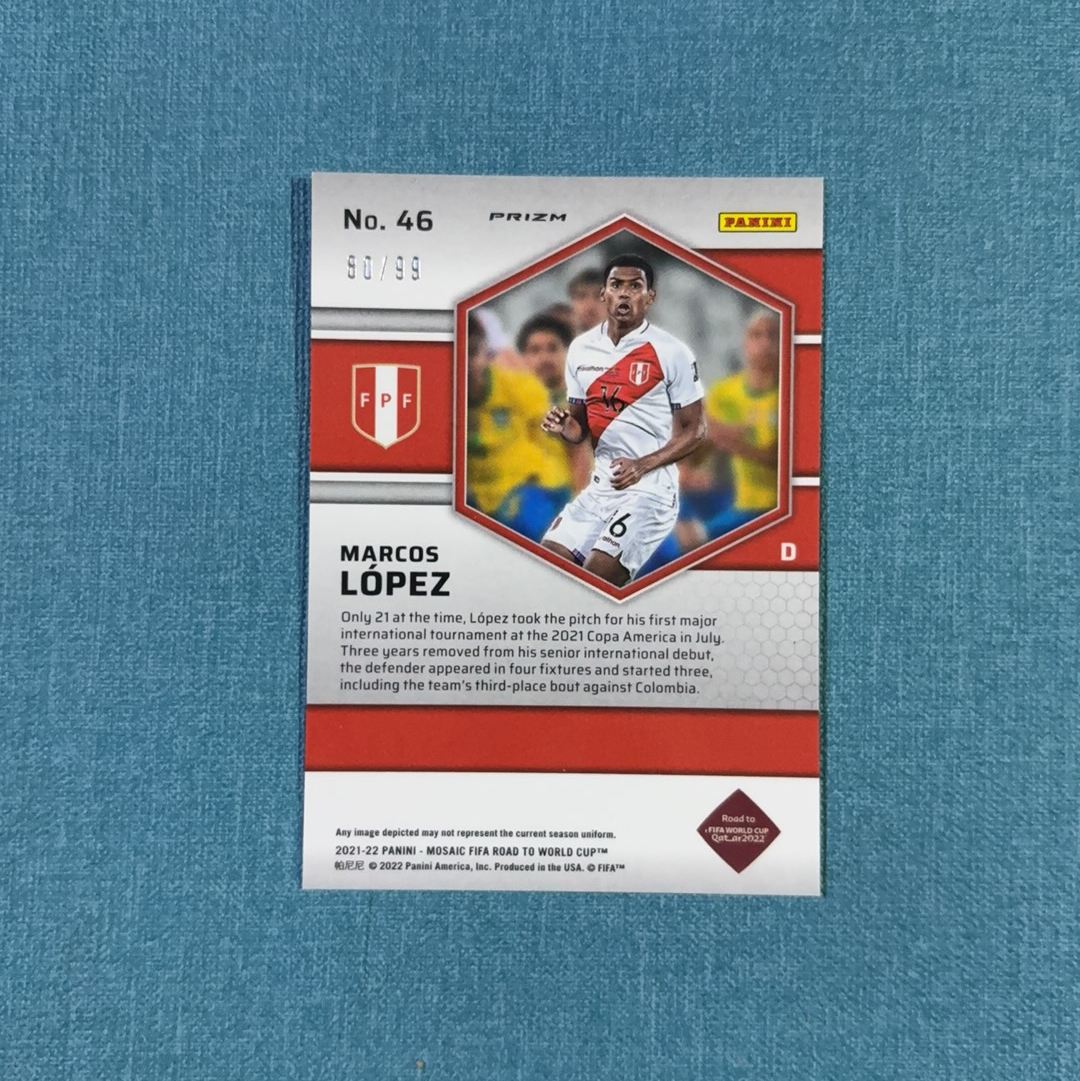 2021-22 Panini Mosaic 世界杯之路 马赛克 Marcos Lopez 马科斯 佩雷斯 80/99编 新秀 RC 蓝马赛克折 秘鲁 卡品如图 CYL