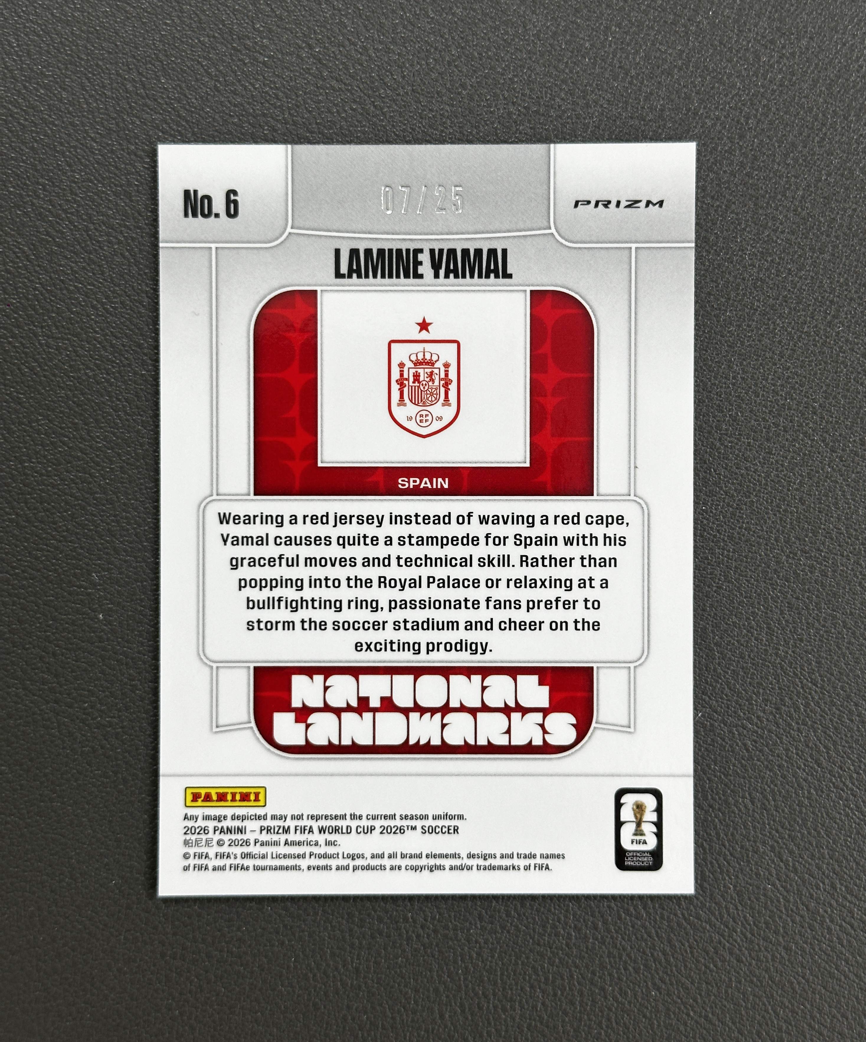 2026 Panini Prizm 世界杯PZ Lamine Yamal 亚马尔 07/25编 低编 Landmark 地标特卡 大比例 SSP 银mojo折 西班牙 巴塞罗那 巴萨 433ZZB