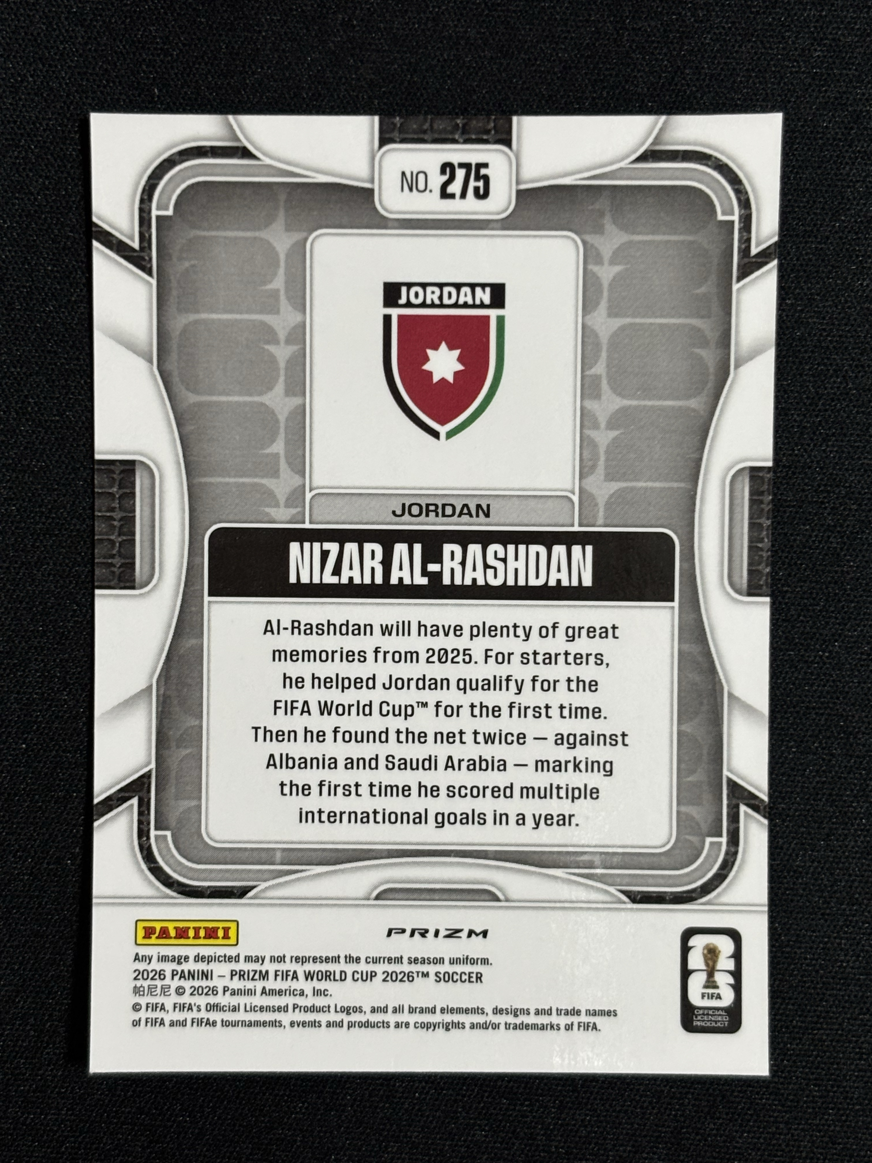 2026 Panini Prizm World Cup Nizar Al-Rashdan RC FIFA 世界杯 阿尔拉什丹 新秀 约旦 Choice独占 长劲鹿圈圈折 大比例 瑕疵如图 - 红豆