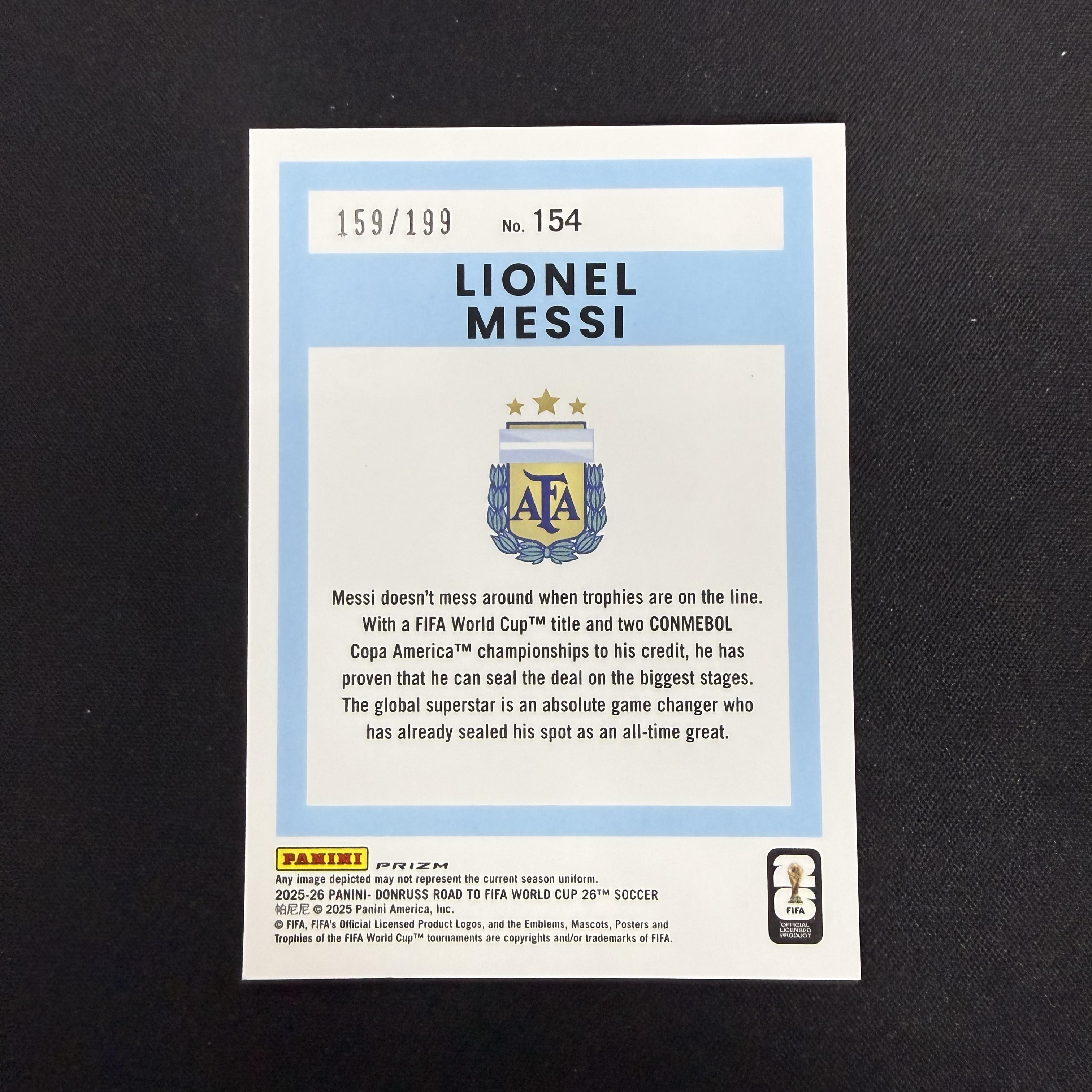 2026 Panini Donruss Lionel Messi 【SC拍卖】杜蕾斯 世界杯 梅西 阿根廷 159/199编 瑕疵如图收藏必备(雪糕)