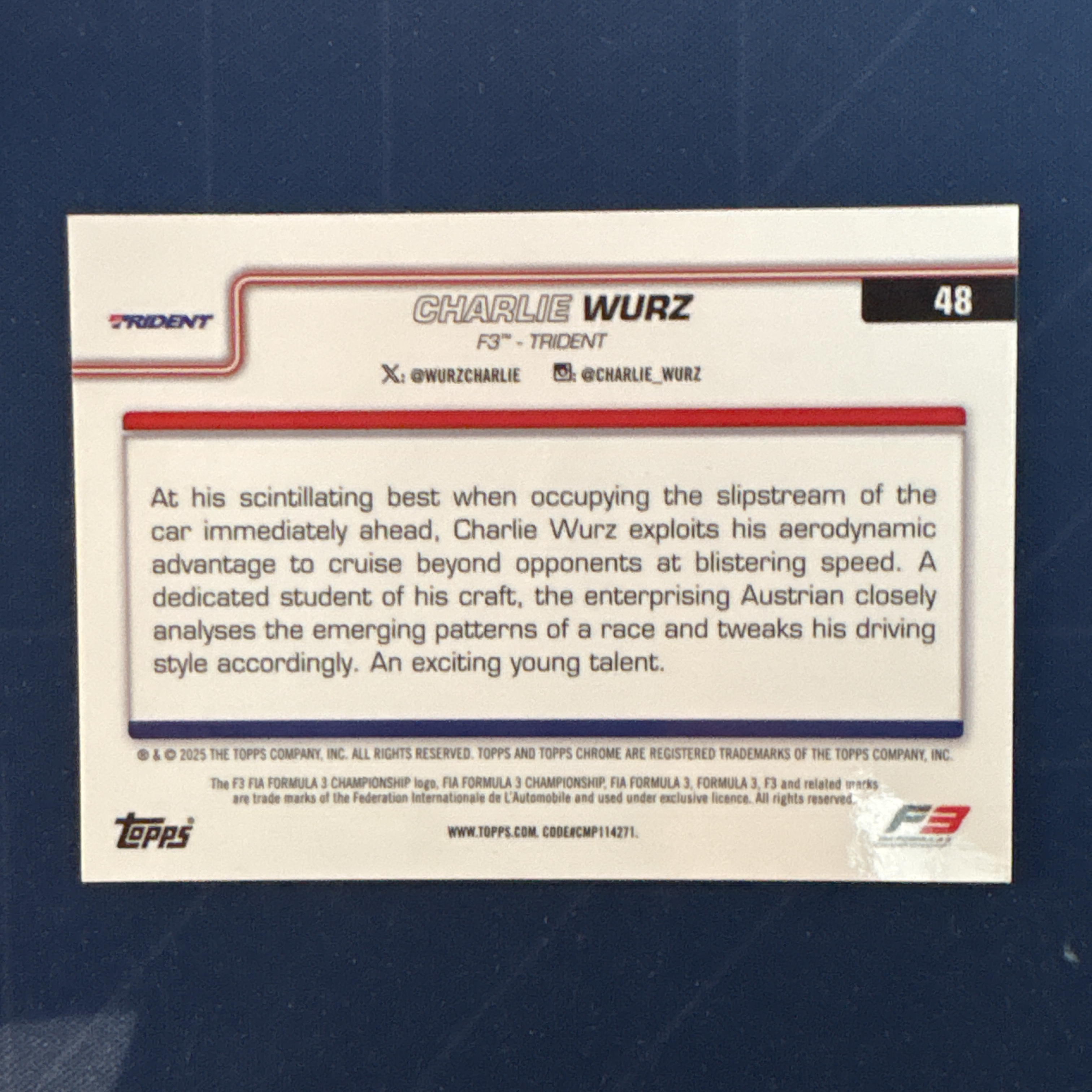 2025 Topps Chrome Charlie Wurz 【爆爆代卖】F1 75周年 查理 伍尔兹 沃兹 117/199编 青折 折射 F3 Trident车队 正定妆照 专收必备 卡品如图#冷哥