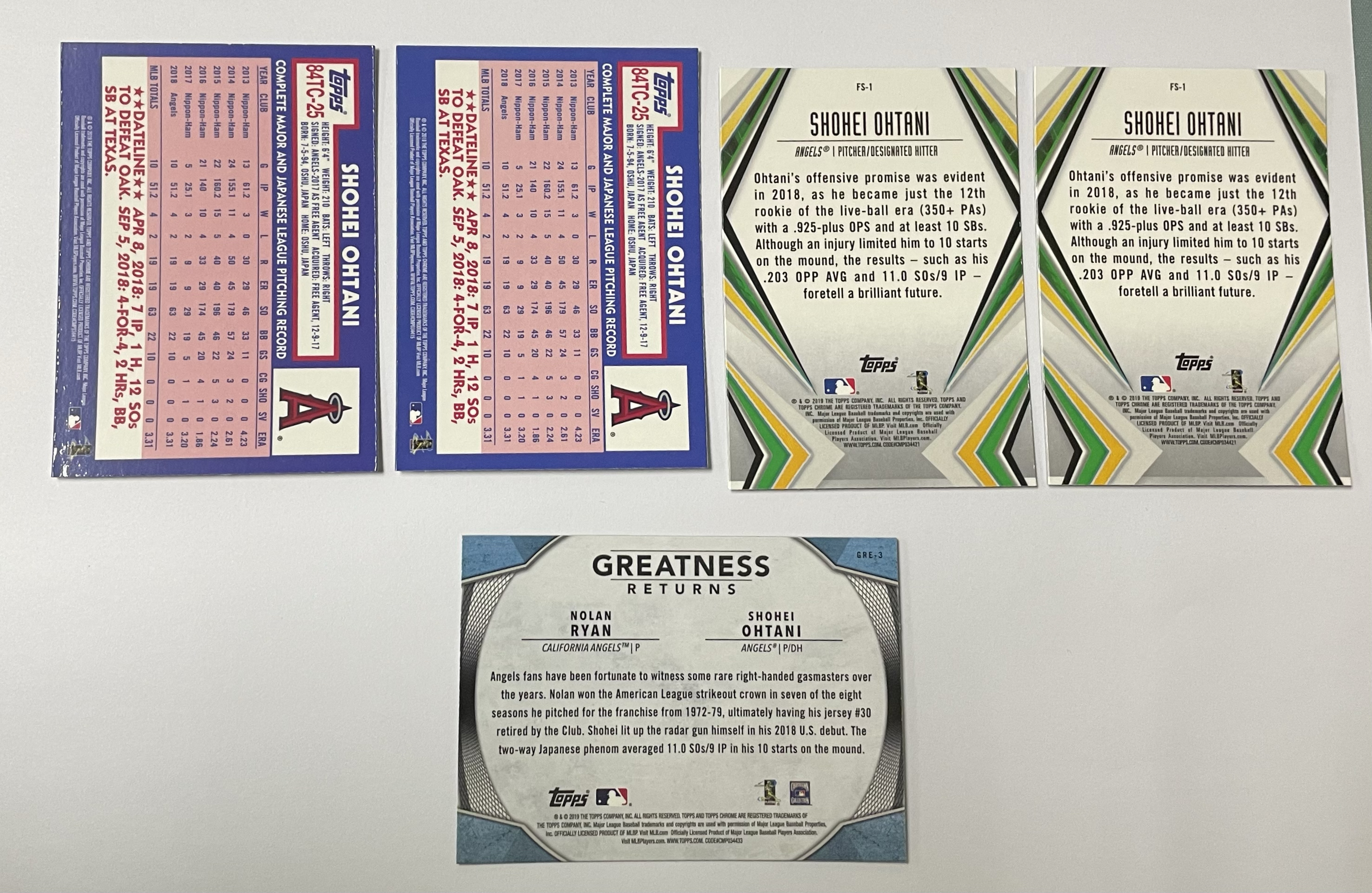 2019 Topps Chrome Shohei Ohtani 洛杉矶天使 大谷翔平 新秀次年 折射 银折 五张一起 lot5 两张瑕疵如图