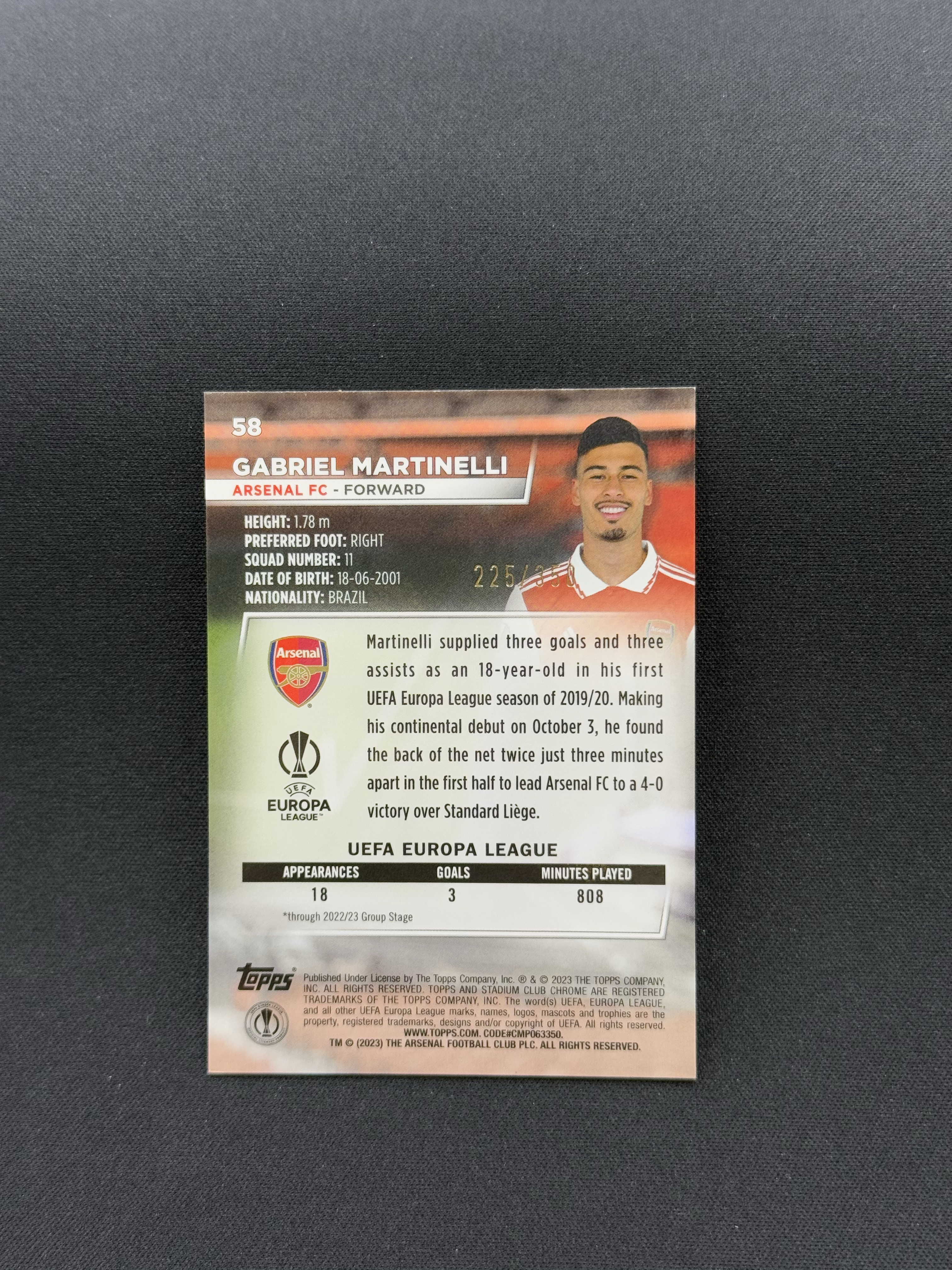 2022-23 Topps Stadium Club Gabriel Martinelli 【小贝代拍】欧战 竞技场 阿森纳 巴西 马丁内利 黑白脉冲折 350编 卡品如图 拍前看描述 H HimL