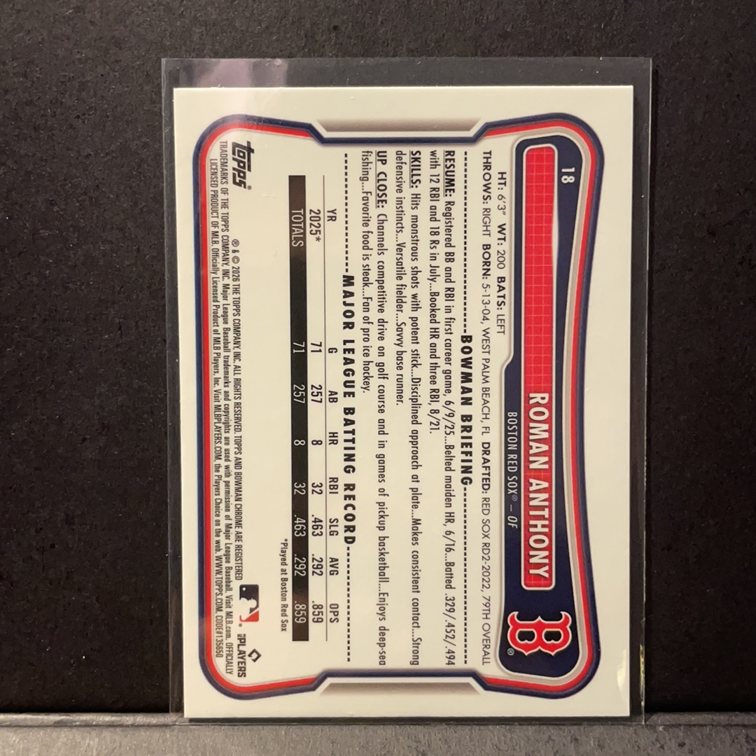 2026 Topps Bowman Roman Anthony RC 罗曼安东尼 红RC变化版折射 回购 波士顿红袜 2026 Topps Chrome Bowman Baseball棒球系列