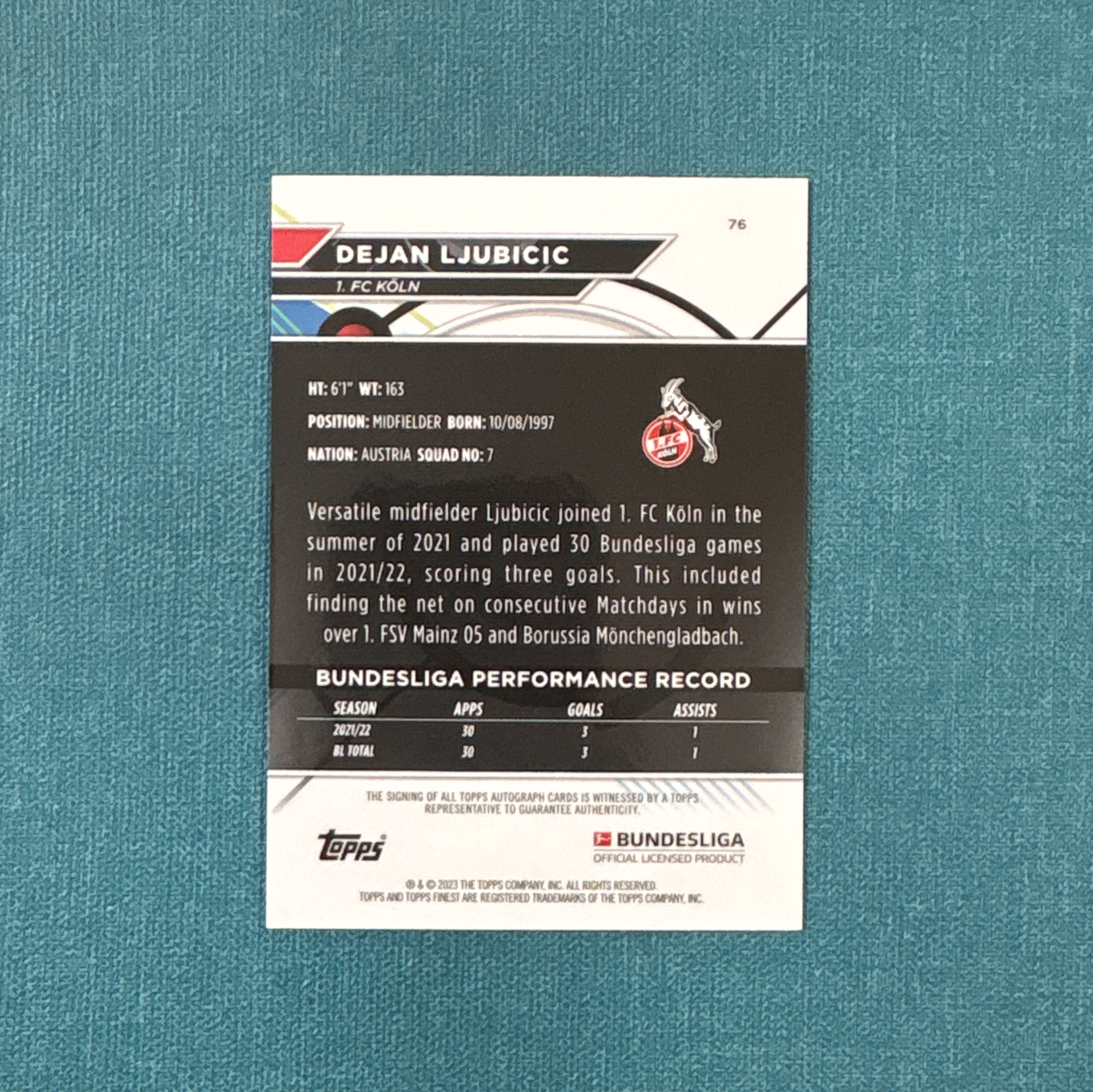 2022-23 Topps Finest 德甲 Dejan Ljubicic 柳比契奇 签字 银折 科隆 卡品如图 TPJ