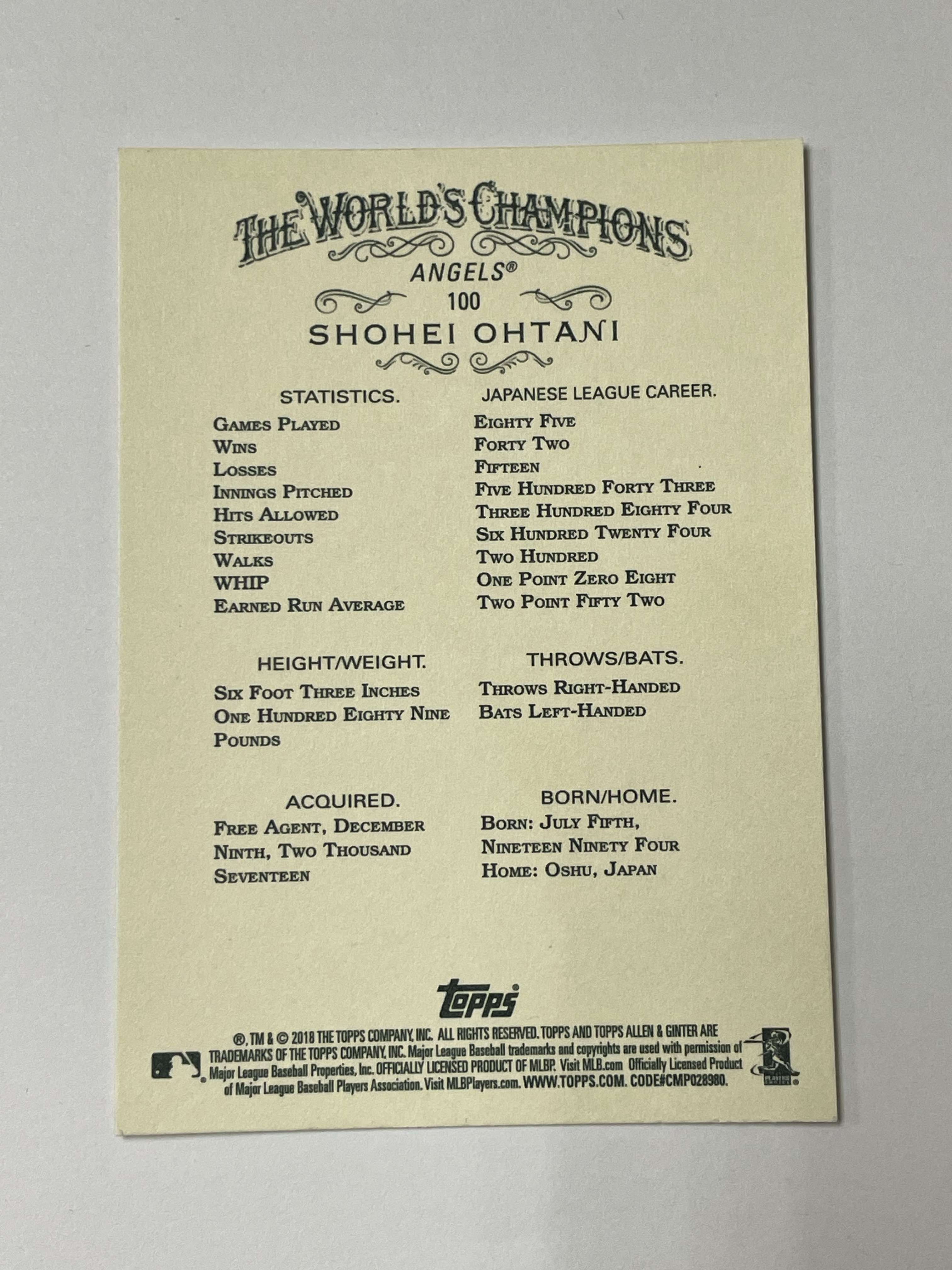 2018 Topps Allen & Ginter Shohei Ohtani RC 洛杉矶天使 大谷翔平 新秀 肖像 Base 第一张