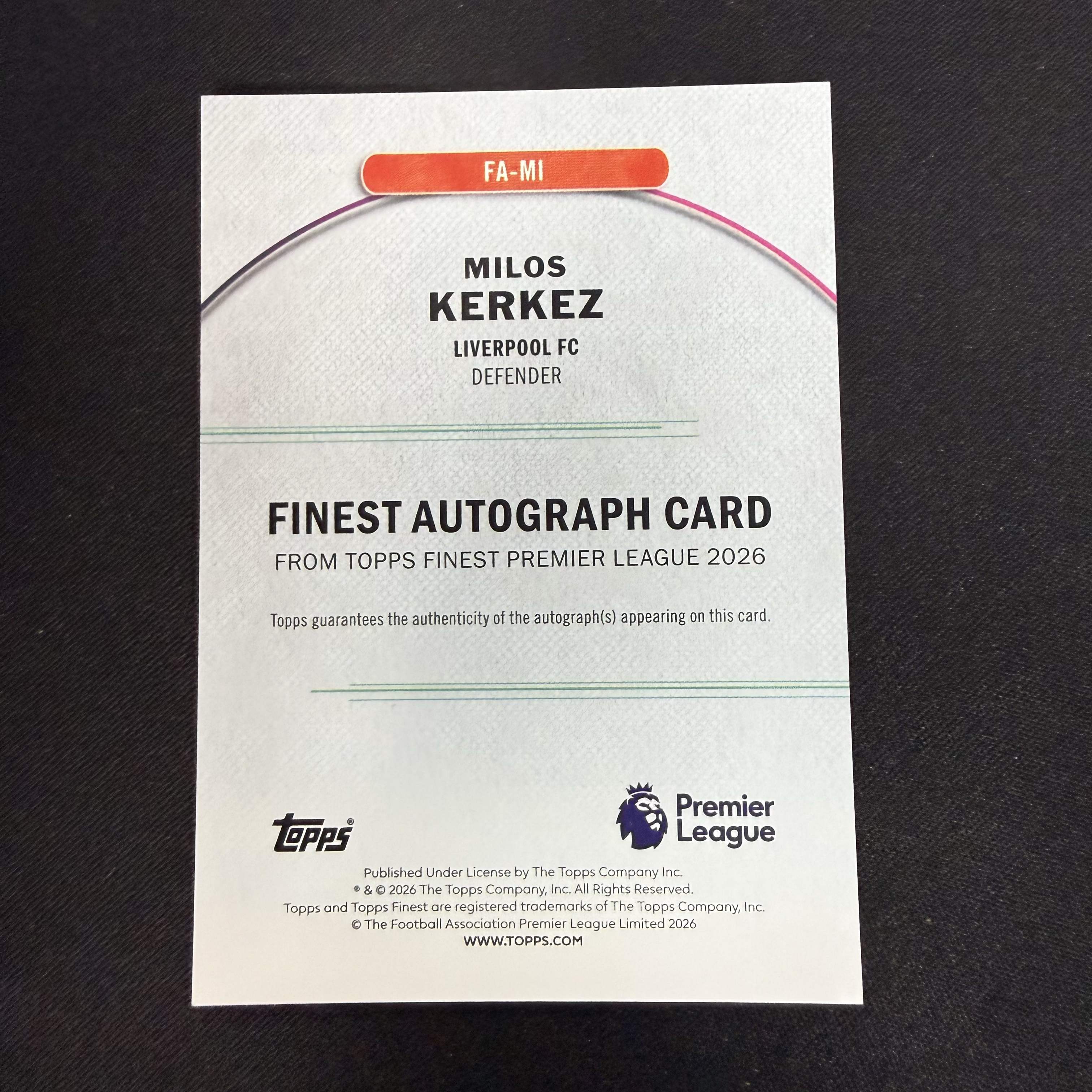 2025-26 Topps Finest MILOS KERKEZ 【SC拍卖】英超 科尔克兹 利物浦 69/125编 紫折 签字 收藏必备(小骆)