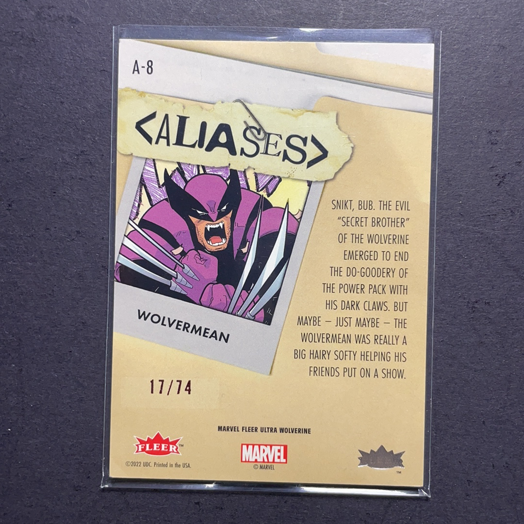 2024 Fleer Marvel (MCU) Ultra金刚狼 紫衣金刚狼 金刚狼化名绰号特卡红平行100编 序号A8 2024 漫威Fleer Ultra金刚狼系列 粉条代拍