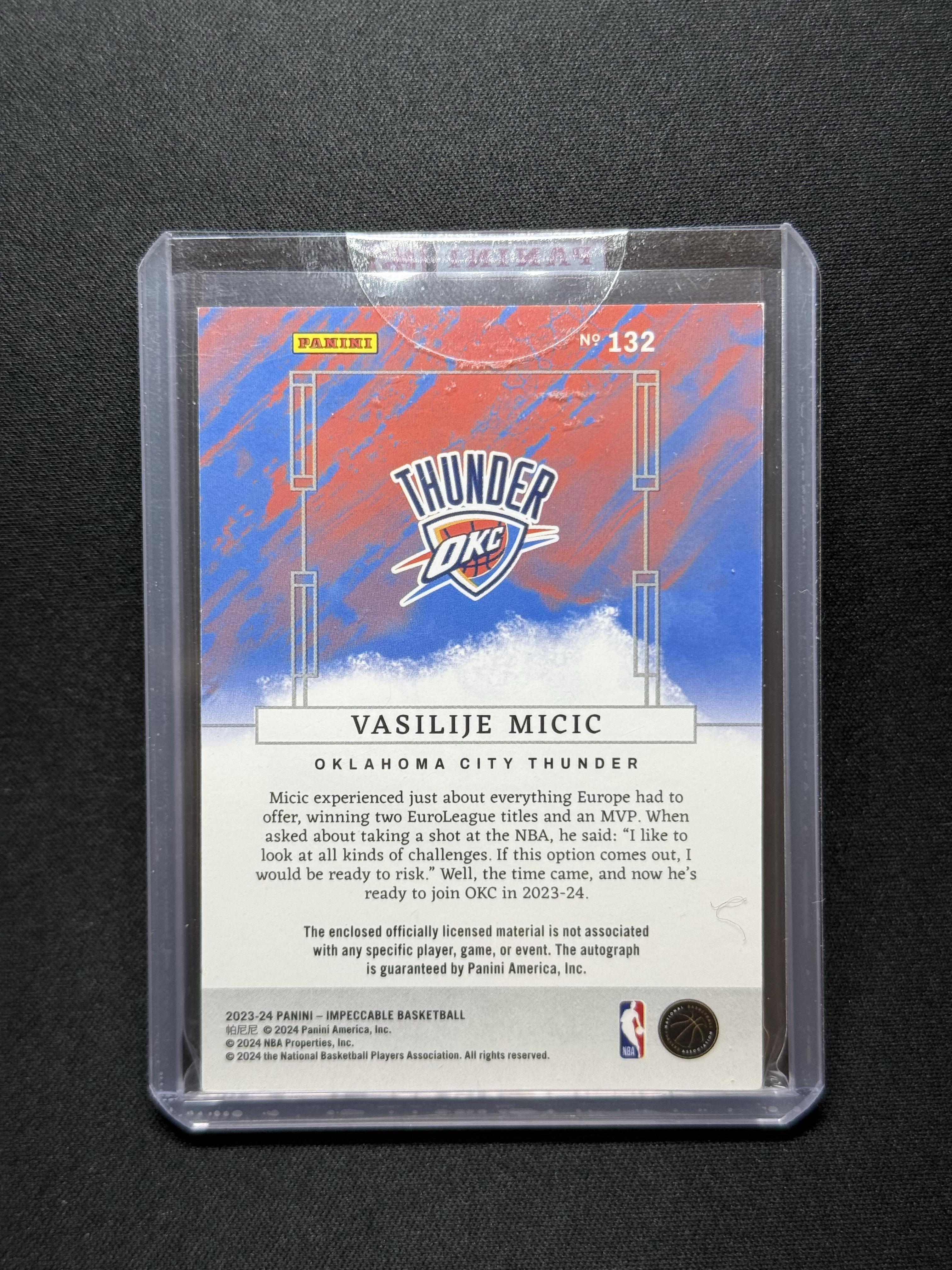 2023-24 Panini Impeccable Vasilije Micic RC 【小贝代拍】小真金 雷霆 新秀 米齐奇 米西奇 小窗 物料切割 签字 卡签 /99编 RJA 原封夹 H WSH