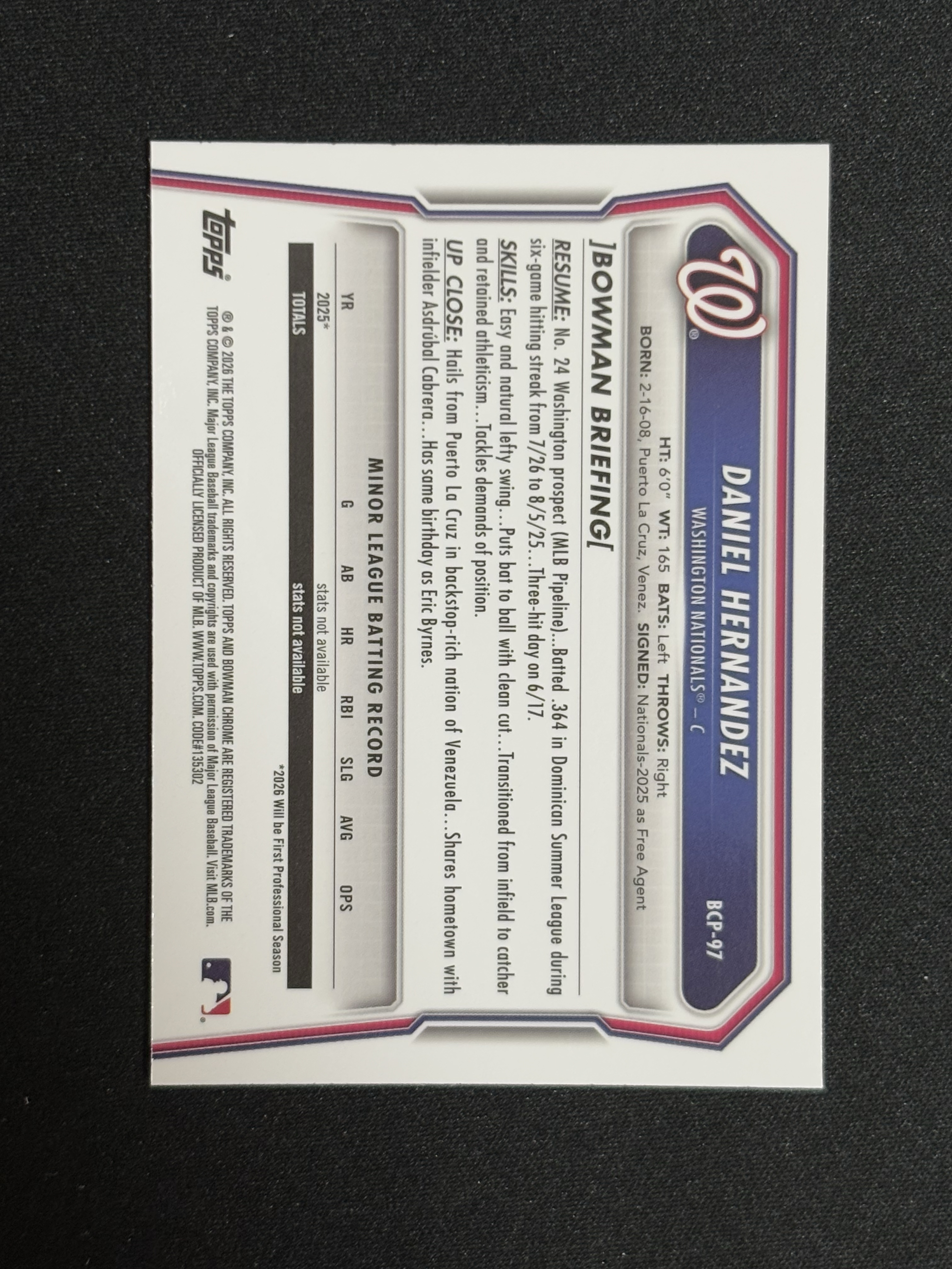 2026 Topps Bowman Daniel Hernandez 棒球 MLB 国民队 丹尼尔 埃尔南德斯 1st 首秀 蓝折 /150编 卡品如图 - coke