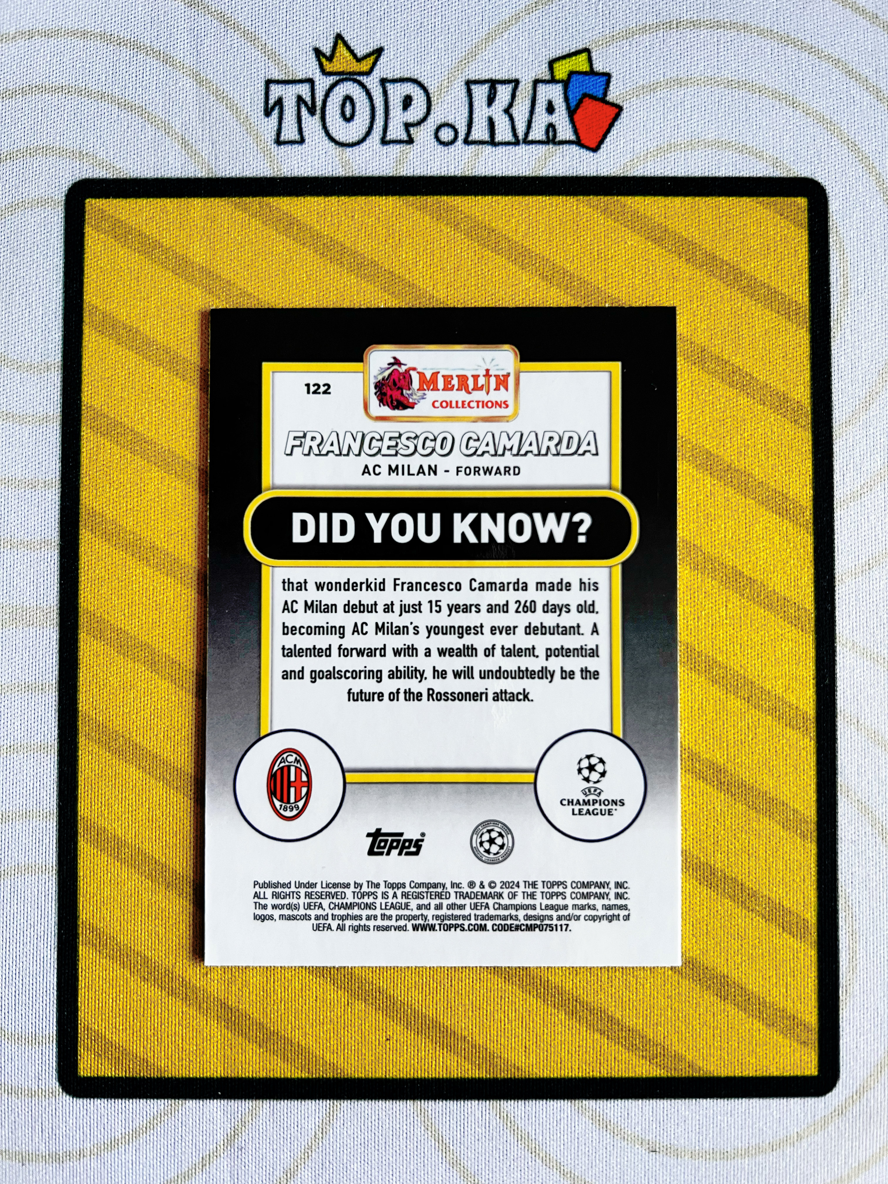 【顶尖卡社】2024 Topps Merlin Collections Francesco Camarda RC 75编 弗朗切斯科·卡马尔达 新秀 AC米兰 蓝折 详情看描述 卡品如图【码头】