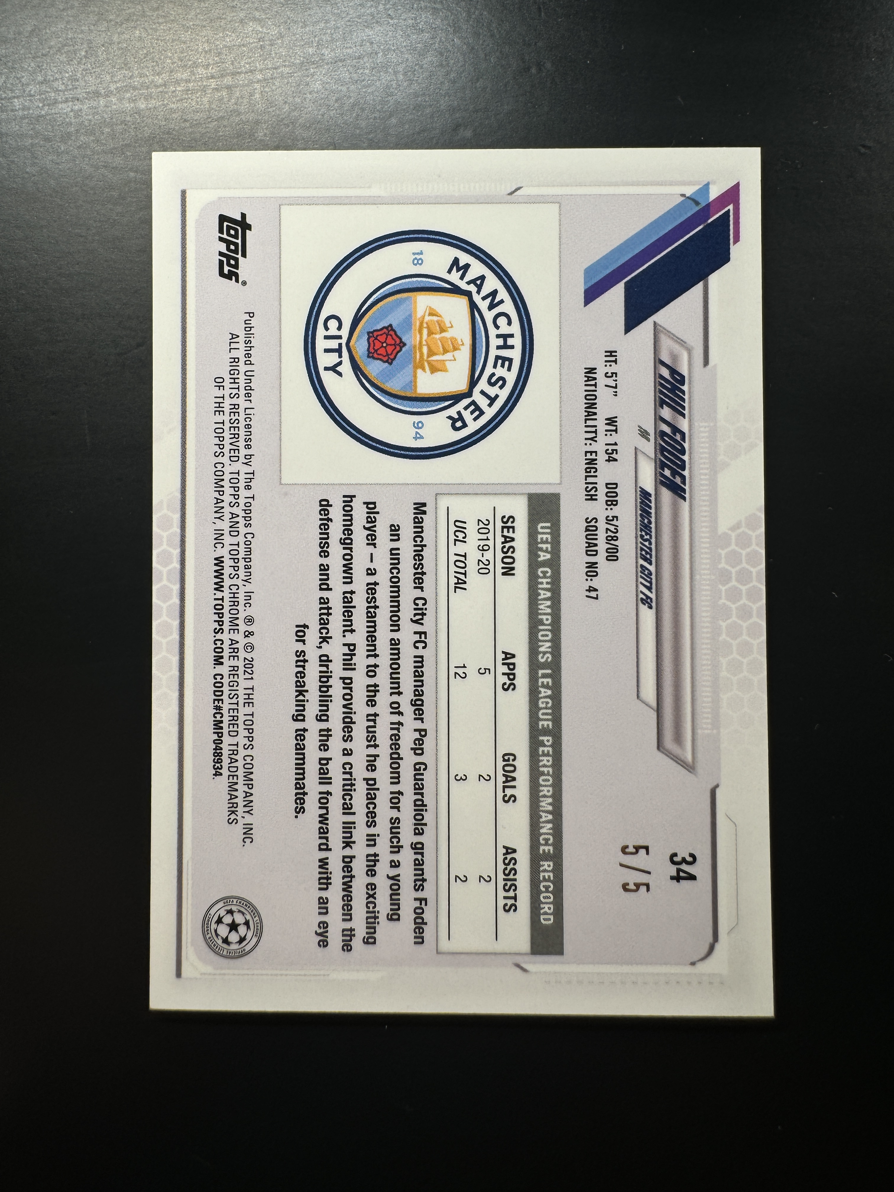 2021 Topps Chrome Phil Foden 福登 5/5 红折 曼城 英格兰 England 尾编等同1/1 不保卡品 哈兰德 阿尔瓦雷斯 队友 太子爷 少见藏卡 江枫拍卖