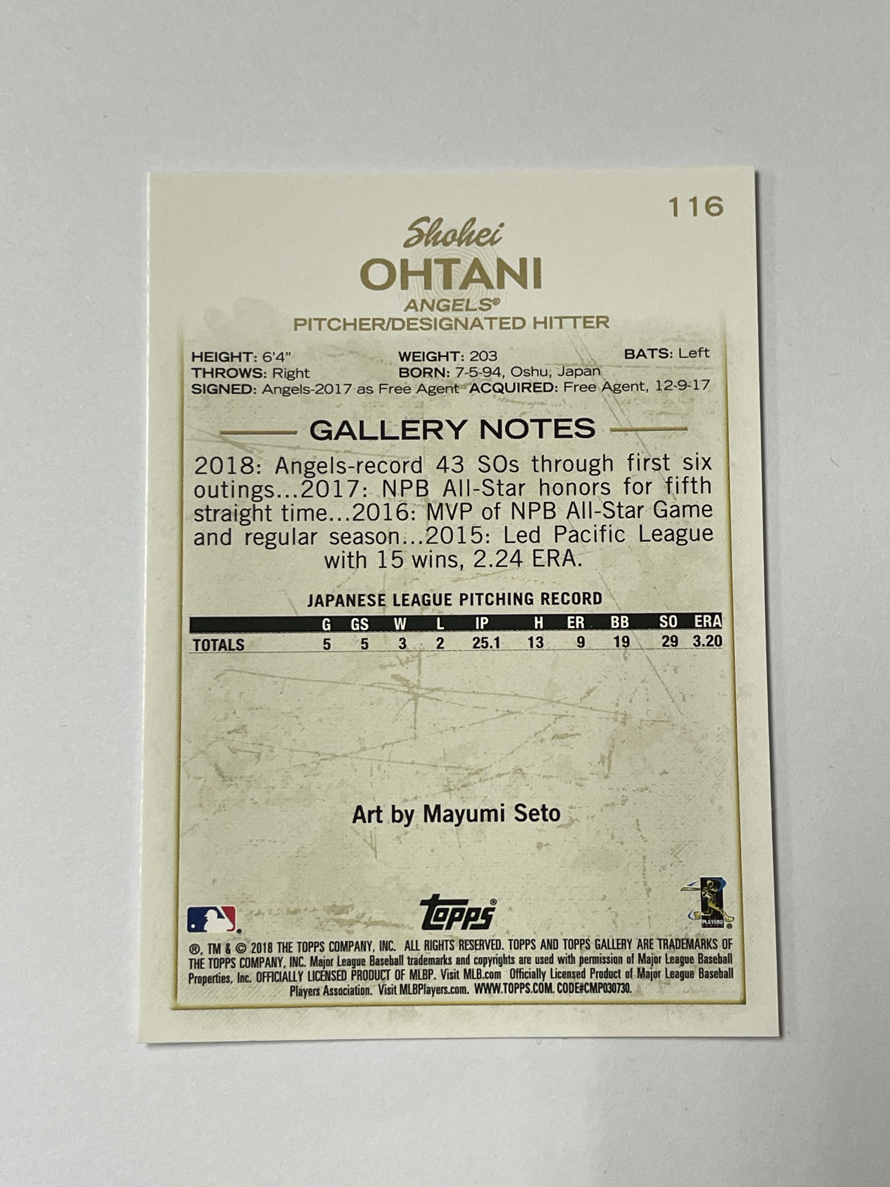 2018 Topps Gallery Shohei Ohtani RC 洛杉矶天使 大谷翔平 新秀 肖像 第一张