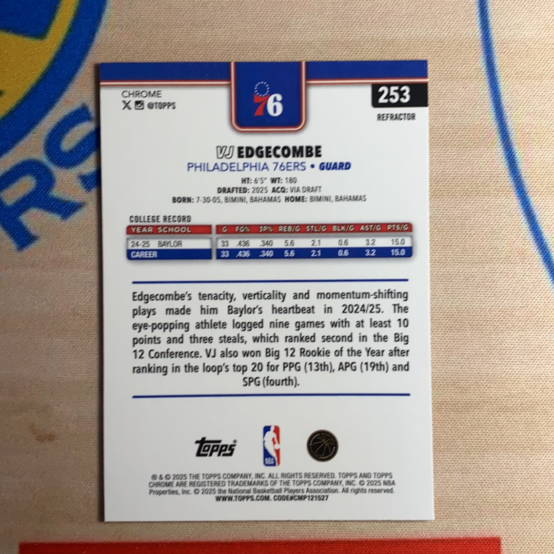 2025-26 Topps Chrome VJ Edgecombe 费城76人 VJ 埃奇库姆 正RC 新秀 银折 #2 卡品如图 凑套必备