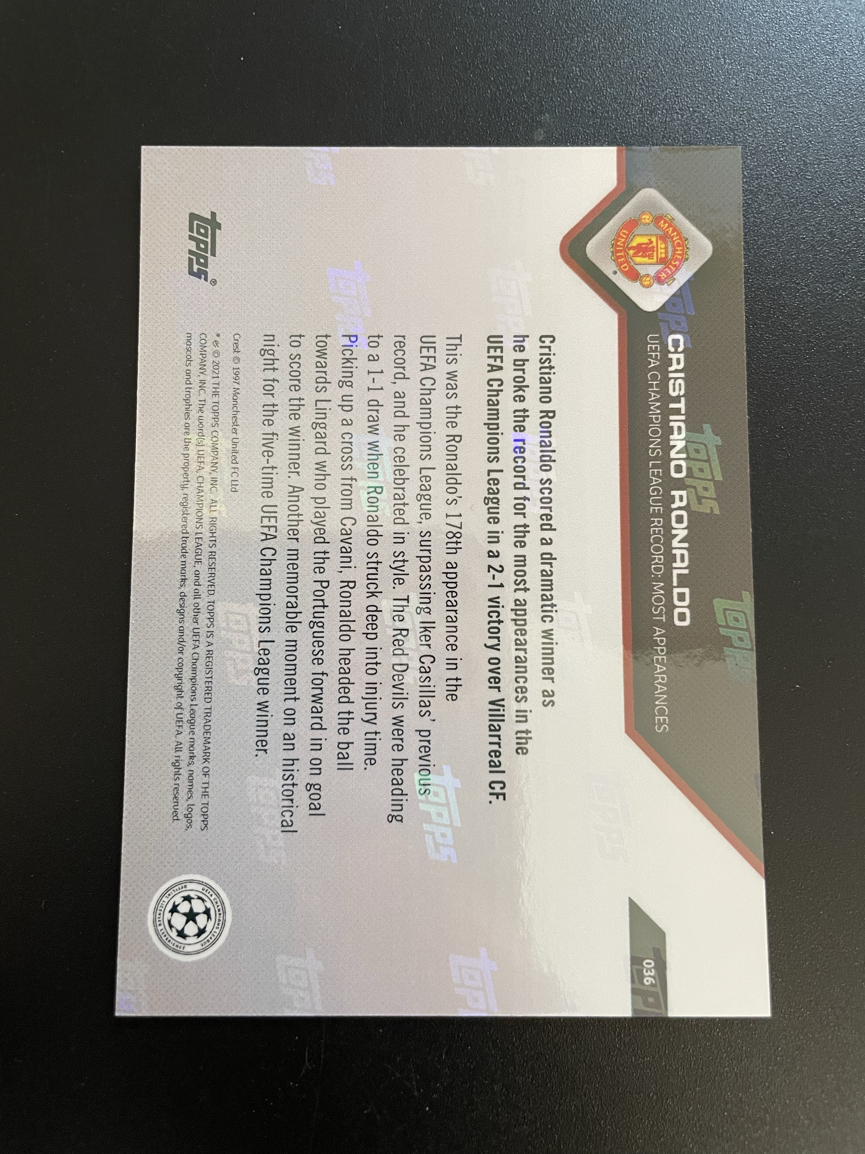2021 Topps now Cristiano Ronaldo 【hellfire拍卖】topps now系列 曼联 葡萄牙 C罗 创造欧冠最多出场记录 微瑕如图介意勿拍 jjj
