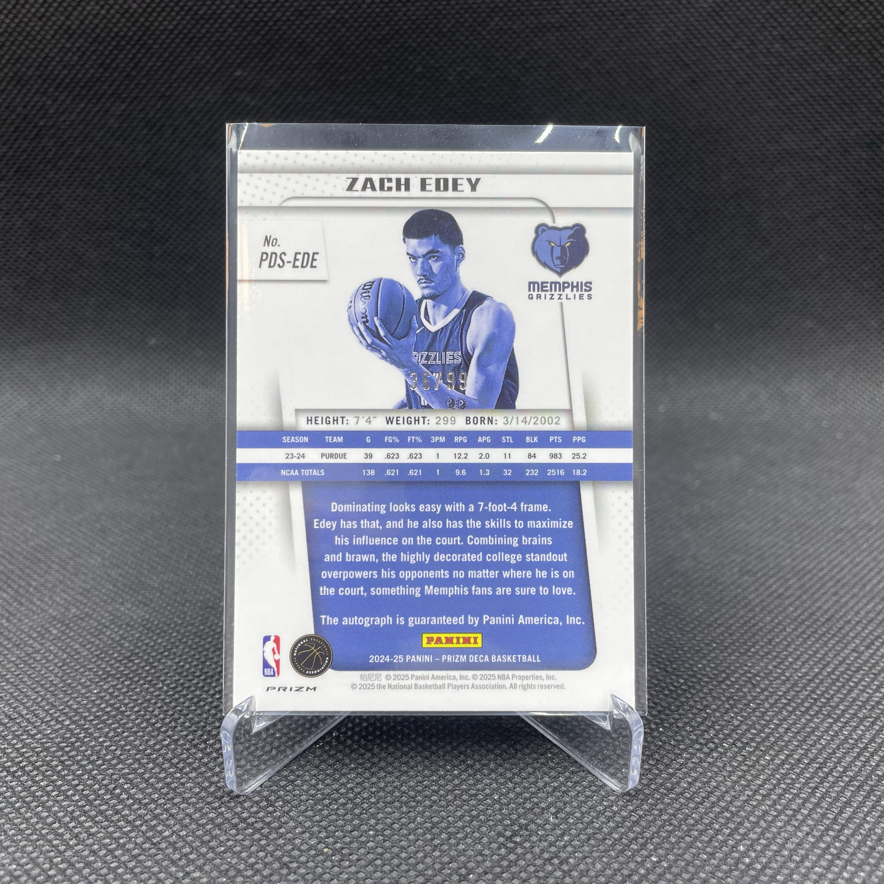 2024-25 Panini Prizm Deca Zach Edey RC 次年复刻 灰熊 新秀 扎克 伊迪 埃迪 周志豪 36/99编 签字 背号签 红折 莫兰特队友 潜力大热 品墨如图 Yo