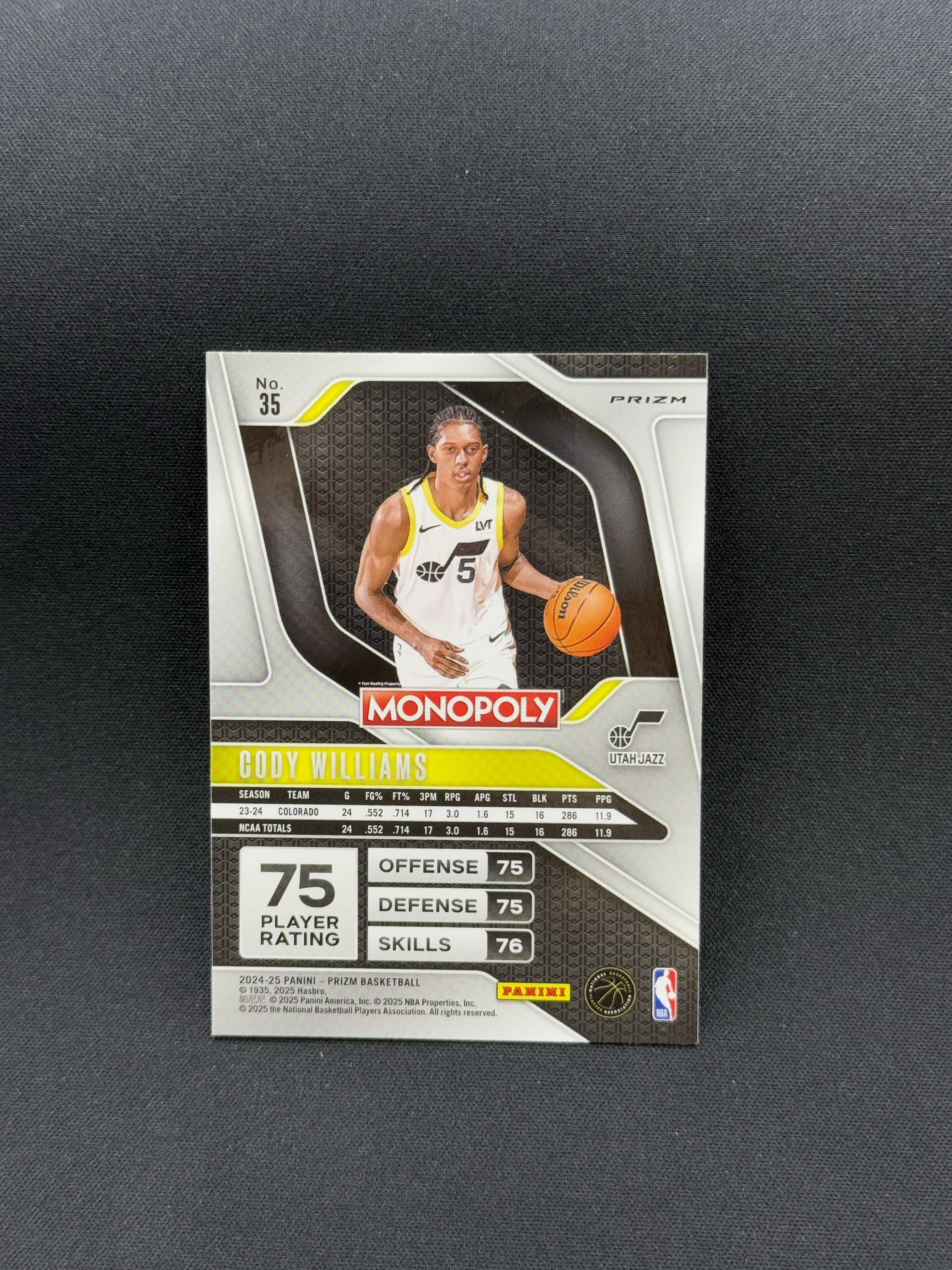 2024-25 Panini Prizm Cody Williams RC 【小贝代拍】NBA Pz 大富翁 爵士 新秀 科迪 威廉姆斯 正银折 卡品如图 拍前看描述 H BT