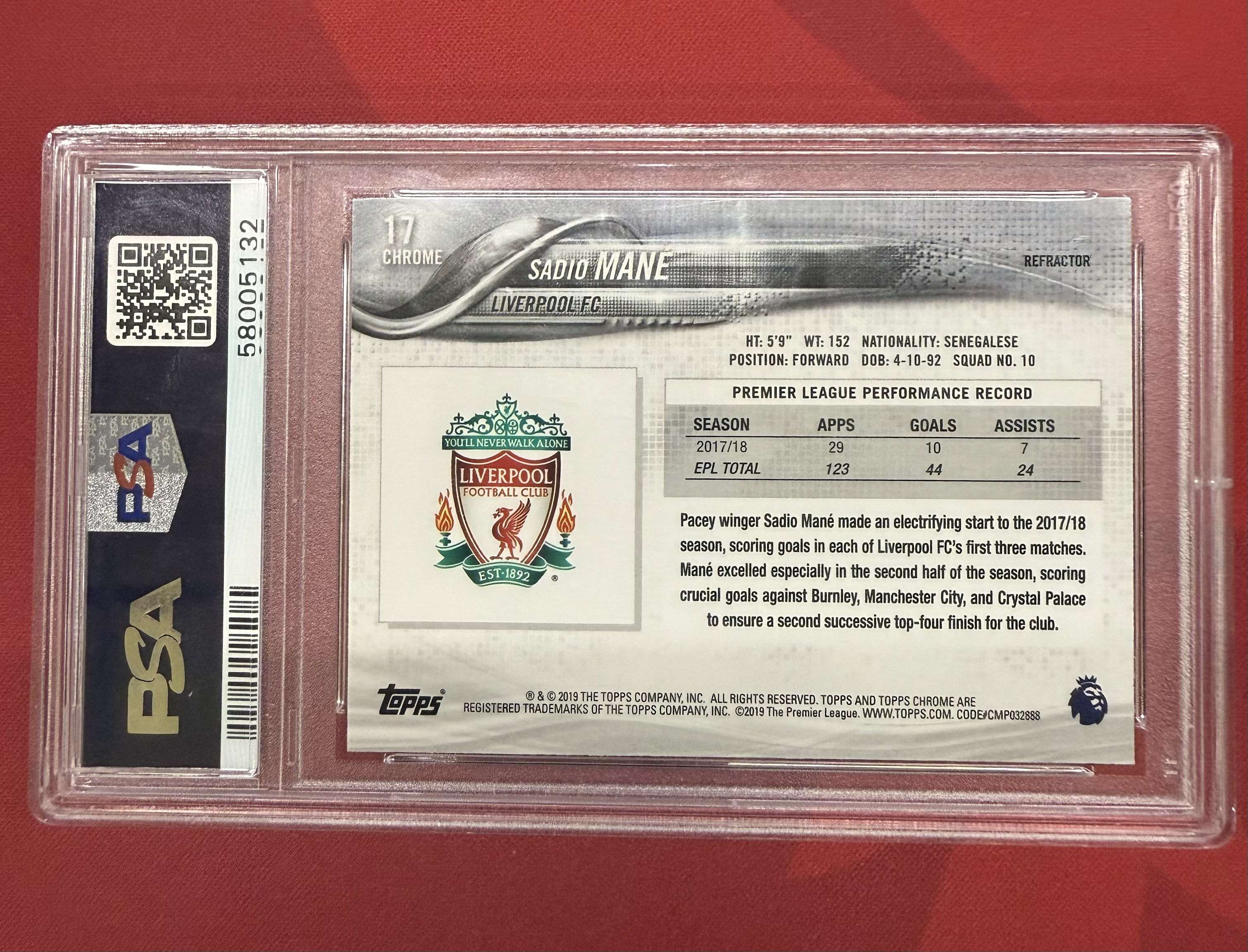 2017-18 Topps Chrome Sadio Mane 马内 利物浦 元年 英超chrome psa10分 pop2 银折 正银折 稀有