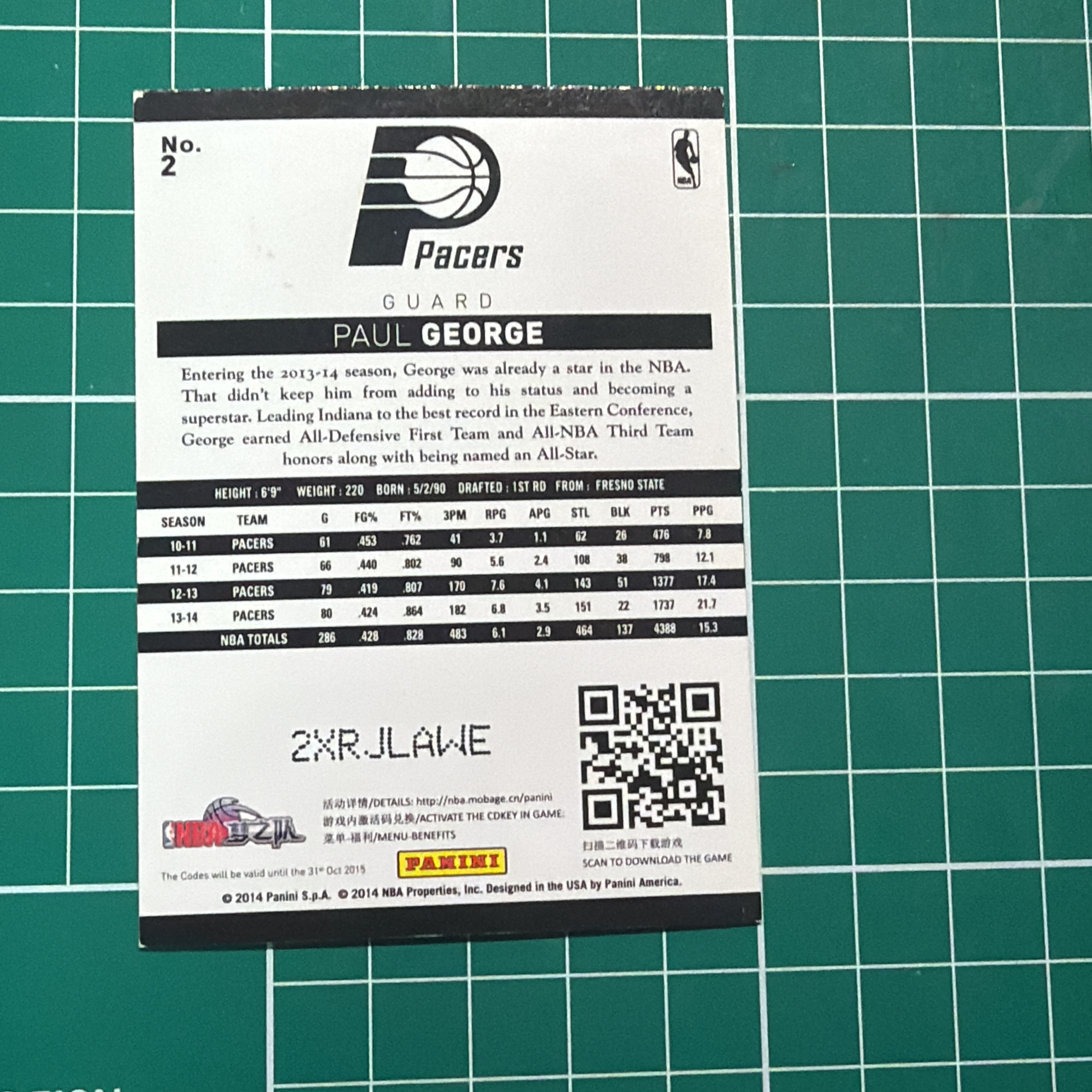 2014-15 Panini Americana Paul George S.p.a.保罗乔治 泡椒 PG 折射特卡 银折 闪卡 镭射卡 精美选图 十年老卡 绝版卡 稀有大比例