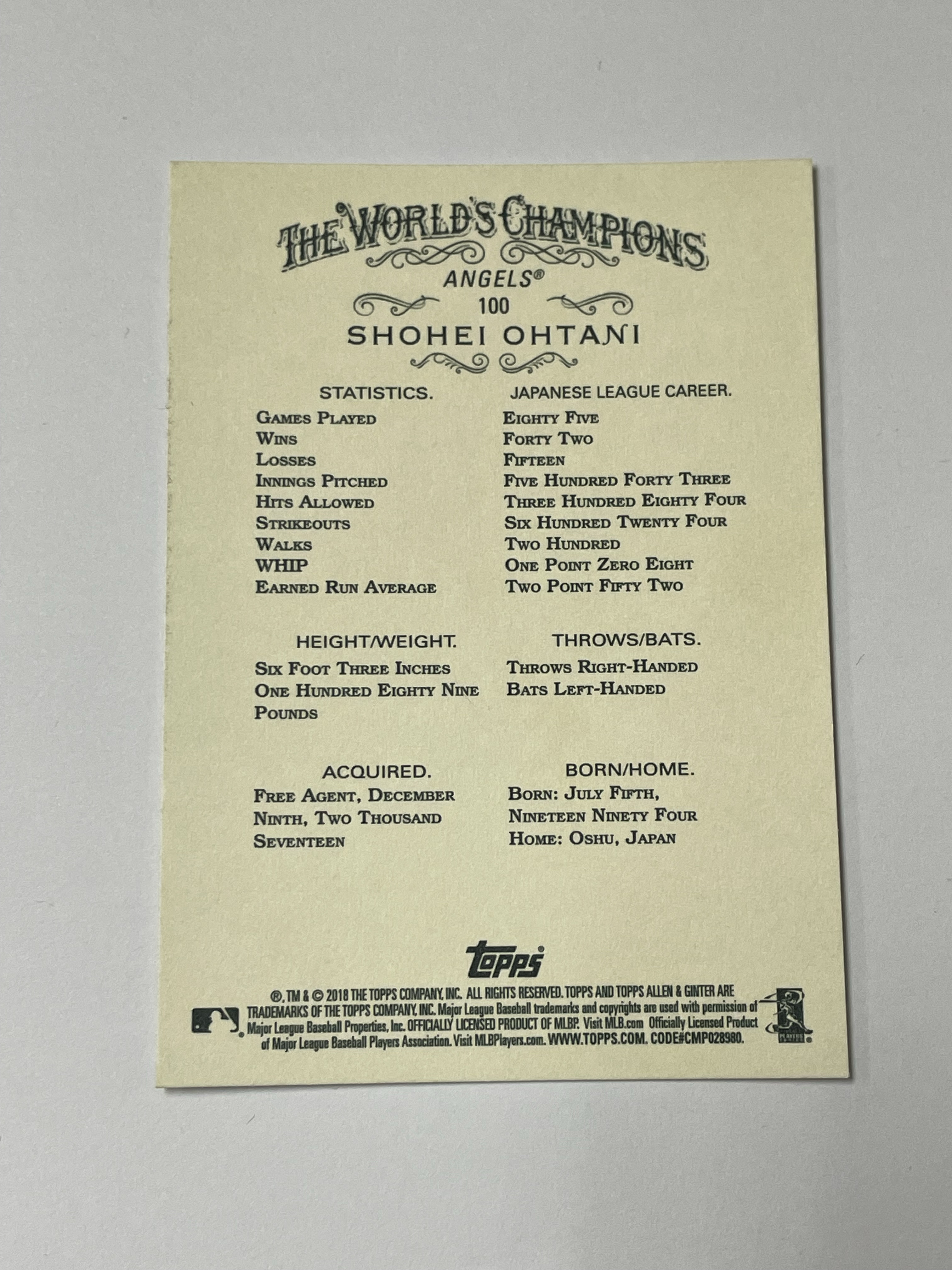 2018 Topps Allen & Ginter Shohei Ohtani RC 洛杉矶天使 大谷翔平 新秀 肖像 Base 第三张