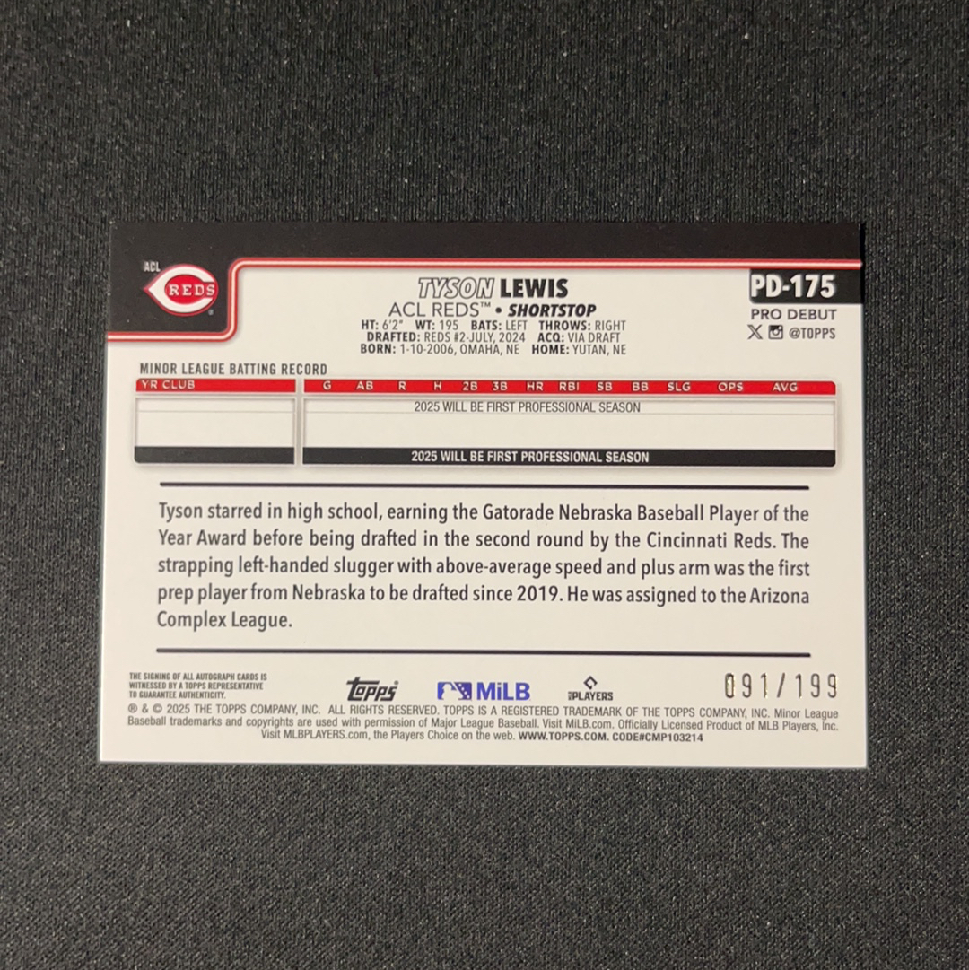 2025 Topps Pro Debut Tyson Lewis RC 刘易斯 红人 次轮秀 游击 农场前十 debut 首秀 小联盟 签字 199编 【L】