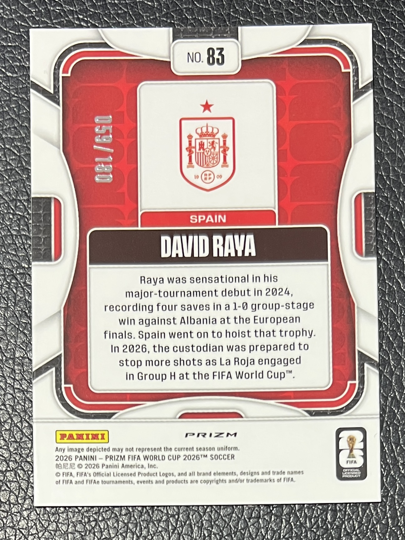 2025-26 Panini Prizm World Cup David Raya 世界杯 David Raya 大卫拉亚 阿森纳 西班牙 059/180编 黄波纹折 收藏必备 卡品如图