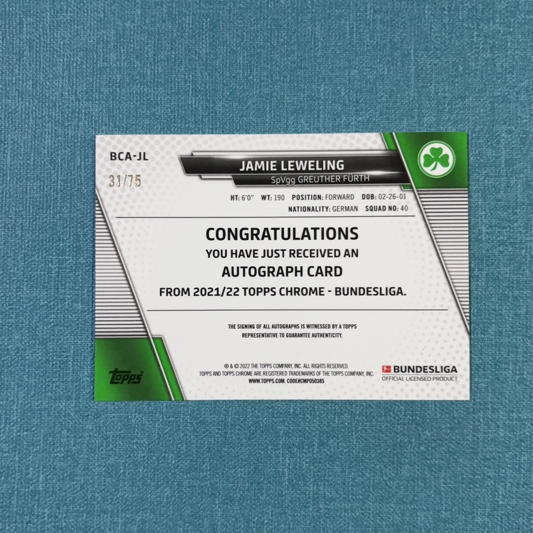 2021-22 Topps Chrome 德甲 Jamie Leweling 莱韦林 签字 31/75编 新秀 RC 粉折 菲尔特 卡品如图 HBM