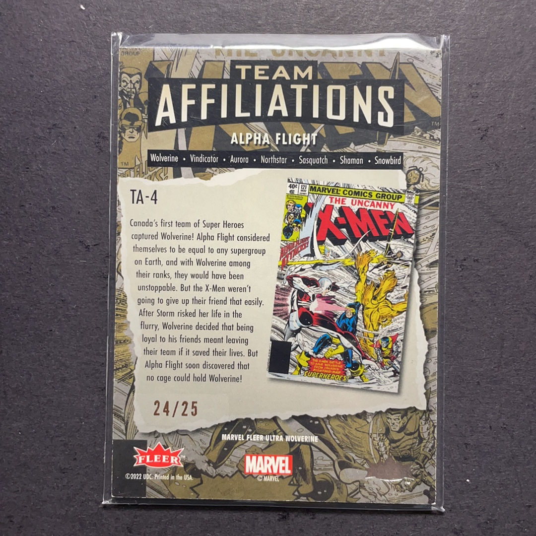 2024 Fleer Marvel (MCU) Ultra金刚狼 阿尔法战队 镭射眼钢力士风暴女 团队集结特卡橙平行25编 序号TA-4 2024 漫威Fleer Ultra金刚狼系列