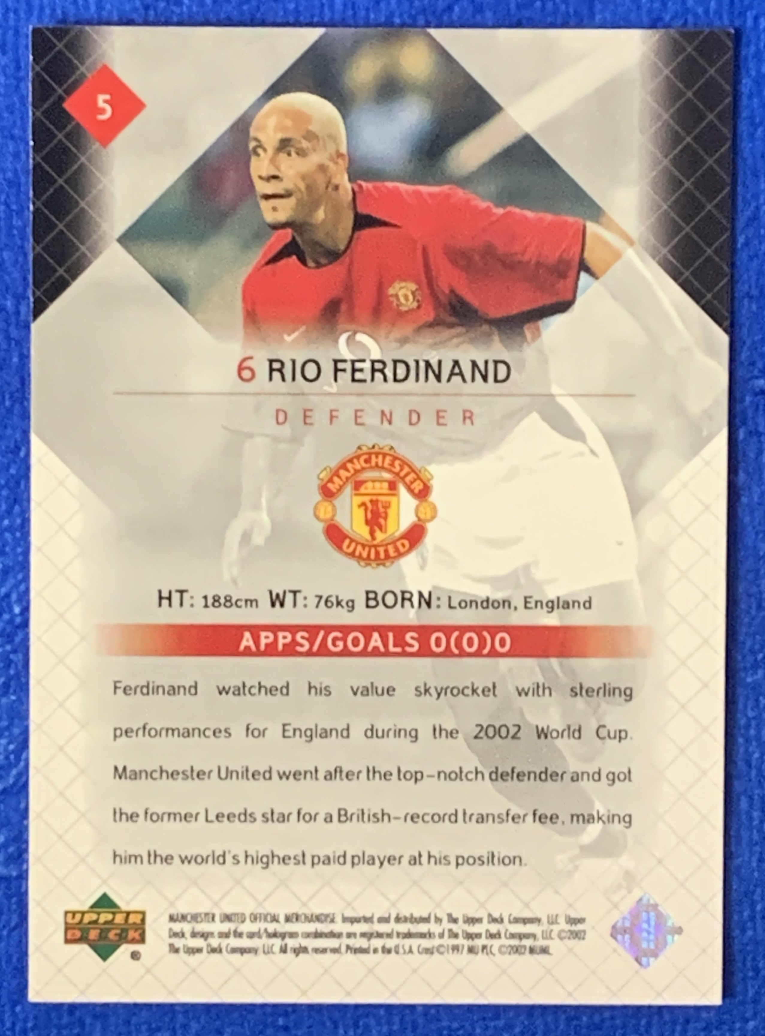 2002 Upper Deck Manchester United Rio Ferdinand 亚德 曼联 里奥费迪南德 欧冠英超冠军 英格兰England 世一卫 经典老卡 不保卡品 ebay有价