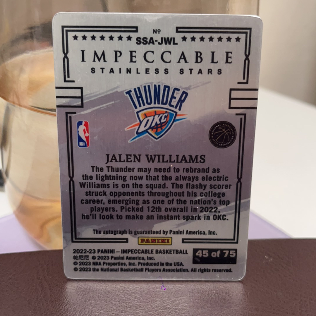 2022-23 Panini Impeccable Jalen Williams RC 雷霆 夺冠队伍 新秀 老八 杰伦 威廉姆斯 小真金 铁板 签字 卡签 75编 卡品如图
