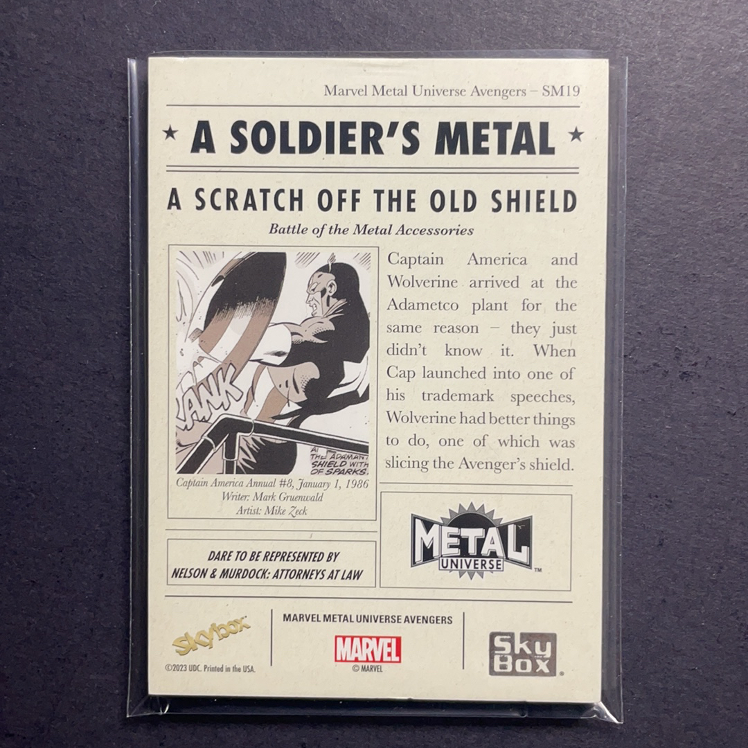 2024 SkyBox Marvel (MCU) 复仇者联盟 美国队长vs金刚狼 大比例插放 箱货 战士的徽章沙盒特卡 序号SM19 2024 UD漫威漫画Metal Universe复联系列